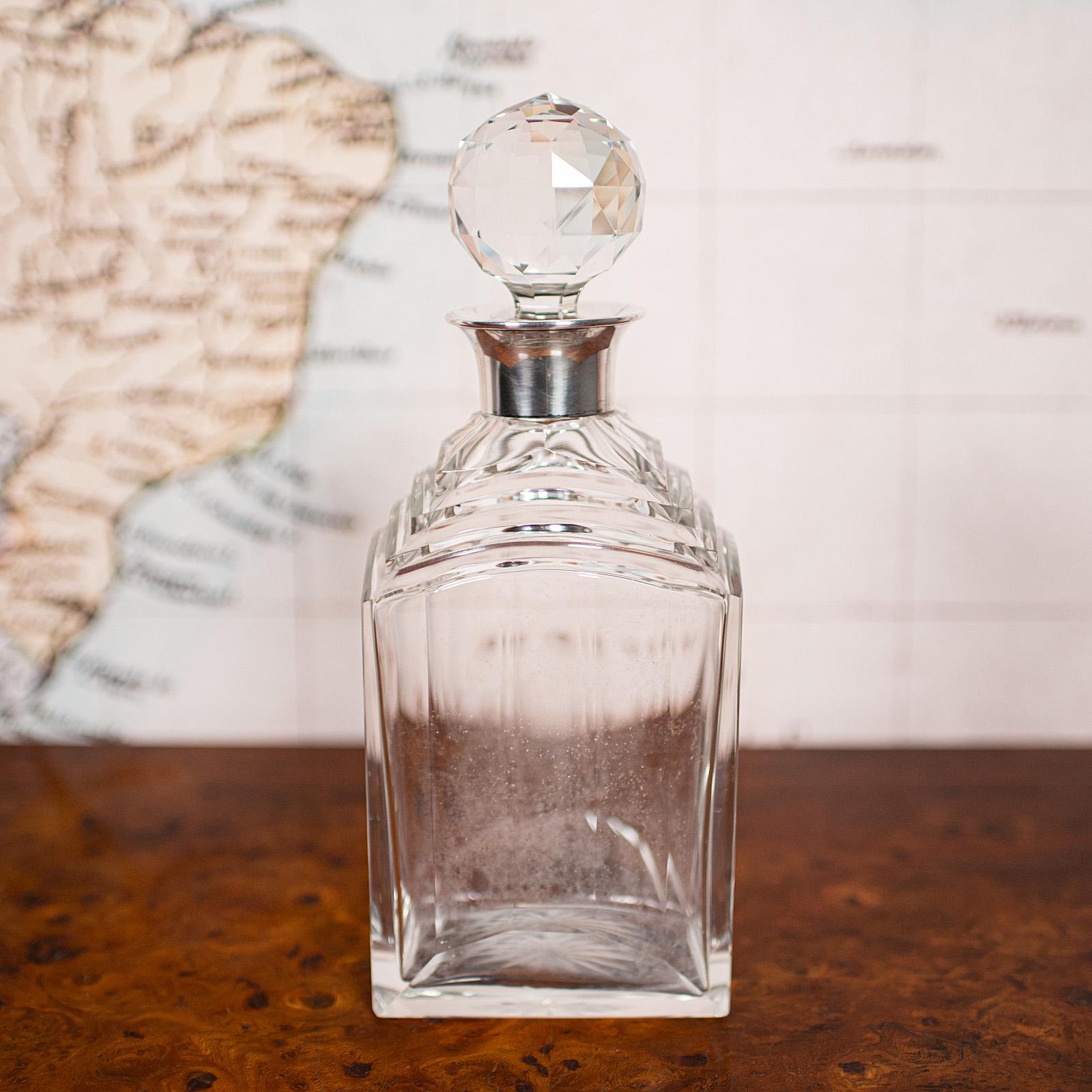 British Vintage Art Deco Whiskey Decanter, English, Glass, Silver, Hallmarked, C.1930 For Sale