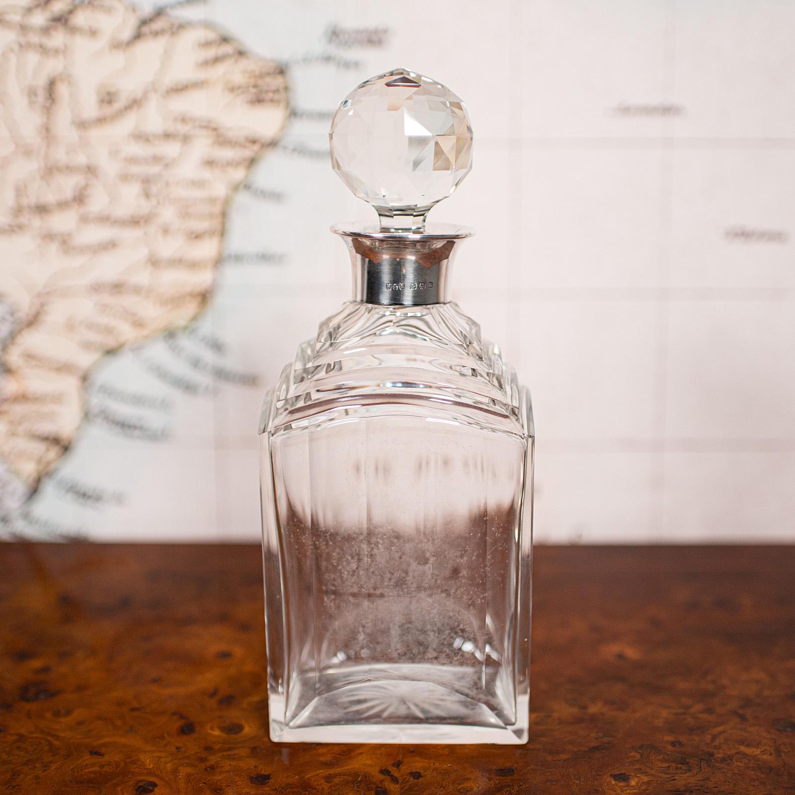 20th Century Vintage Art Deco Whiskey Decanter, English, Glass, Silver, Hallmarked, C.1930 For Sale