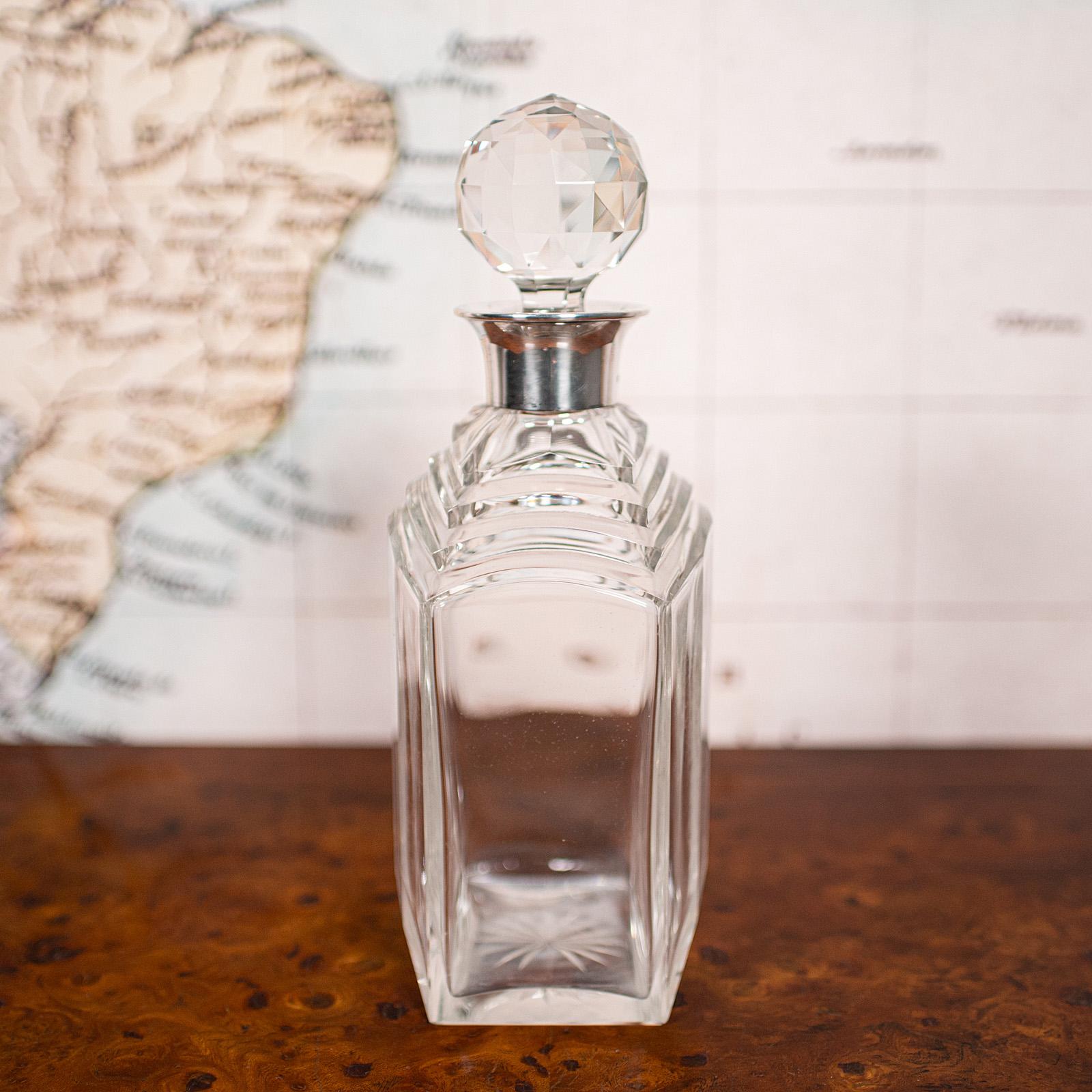 Vintage Art Deco Whiskey Decanter, English, Glass, Silver, Hallmarked, C.1930 For Sale 1