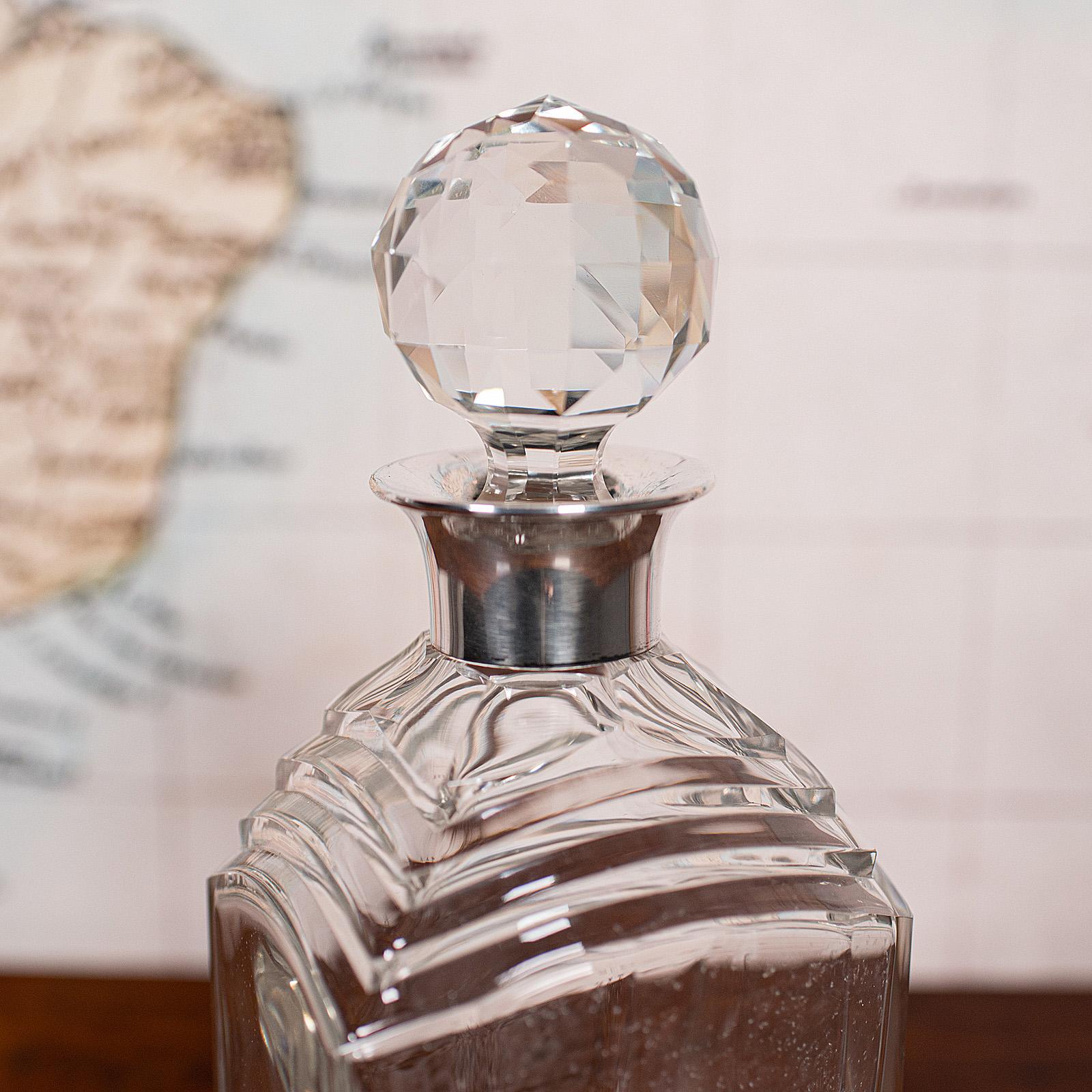 Vintage Art Deco Whiskey Decanter, English, Glass, Silver, Hallmarked, C.1930 For Sale 2
