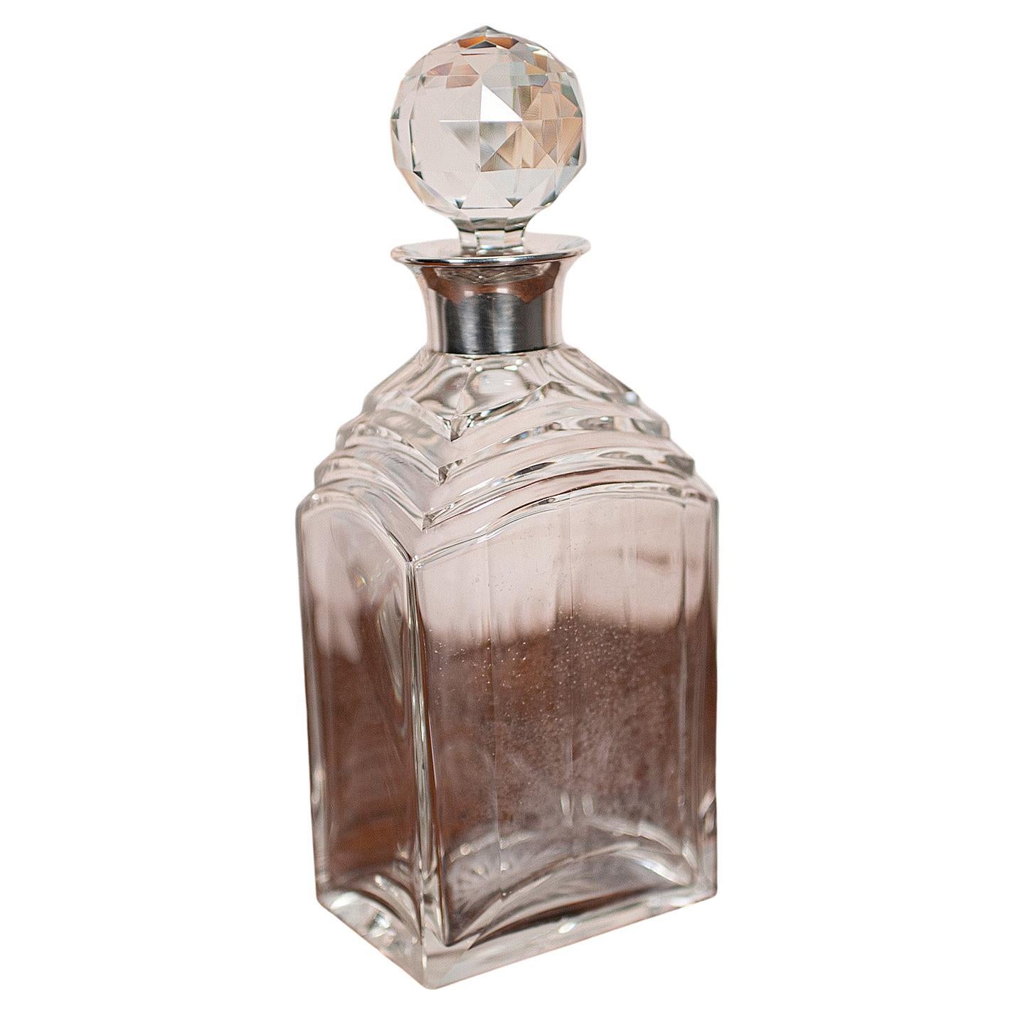 Decanter per whisky Art Deco d'epoca, inglese, vetro, argento, con marchio di garanzia, C.1930