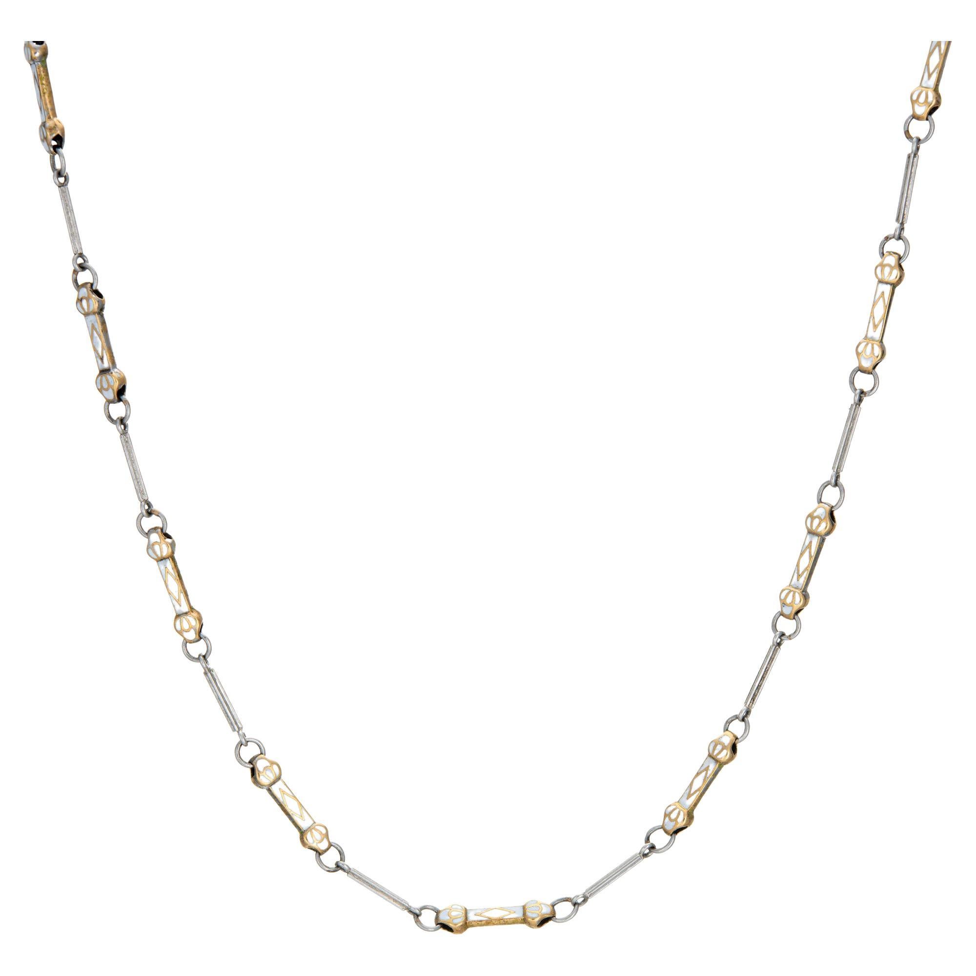 Vintage Art Deco White Enamel Necklace Platinum Fob Chain Jewelry