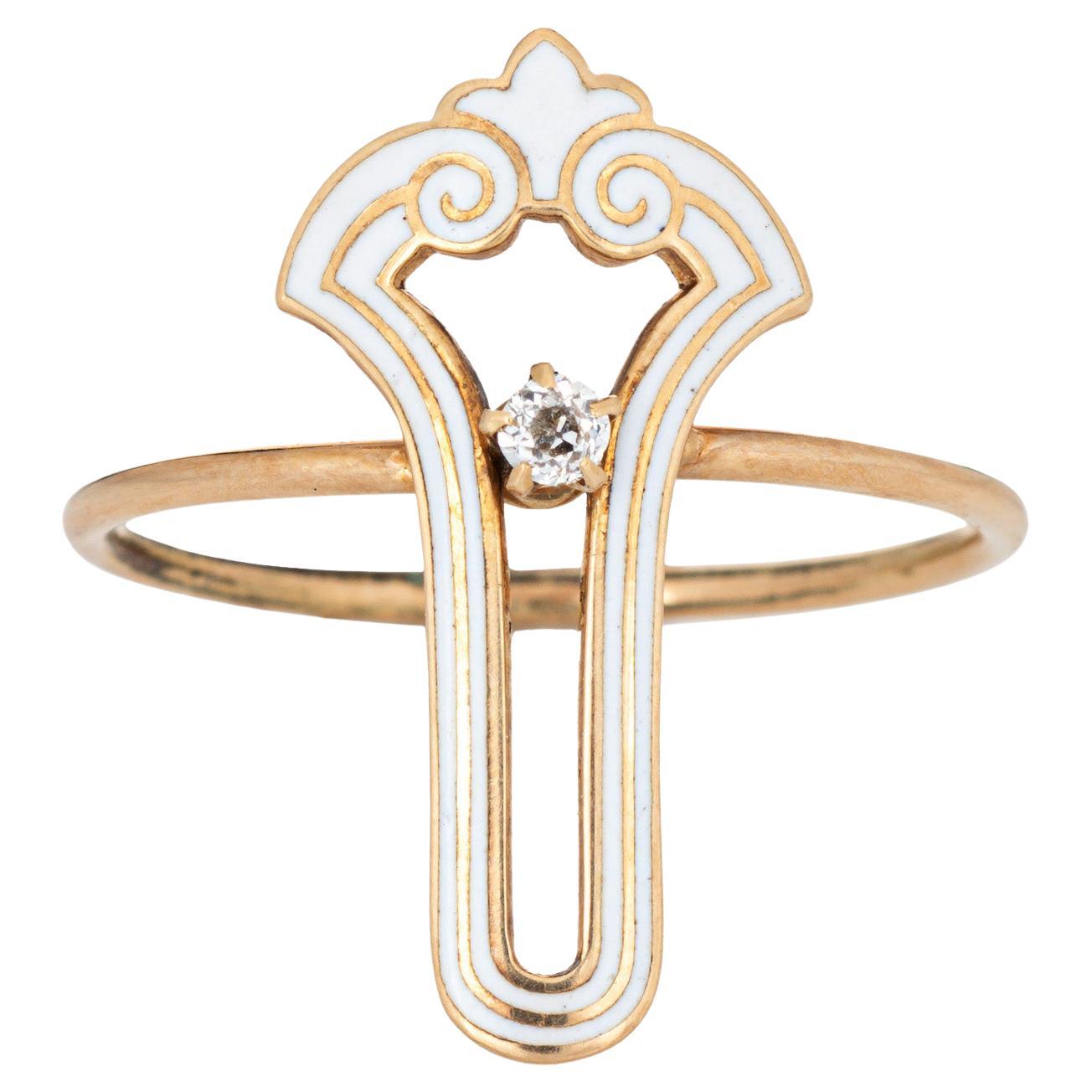 Vintage Art Deco White Enamel Ring Diamond 14k Yellow Gold Sz 7.75 Elongated