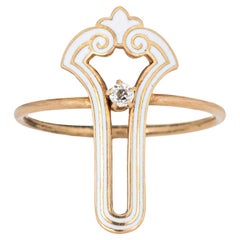 Antique Art Deco White Enamel Ring Diamond 14k Yellow Gold Sz 7.75 Elongated