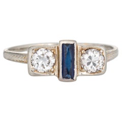 Vintage Art Deco White Enamel Ring Diamond 14k Yellow Gold Sz 7.75 Elongated