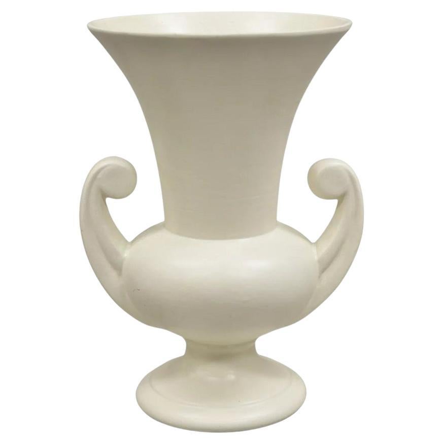 Vintage Art Deco White Glazed Ceramic Stoneware 15" Tall Twin Handle Vase