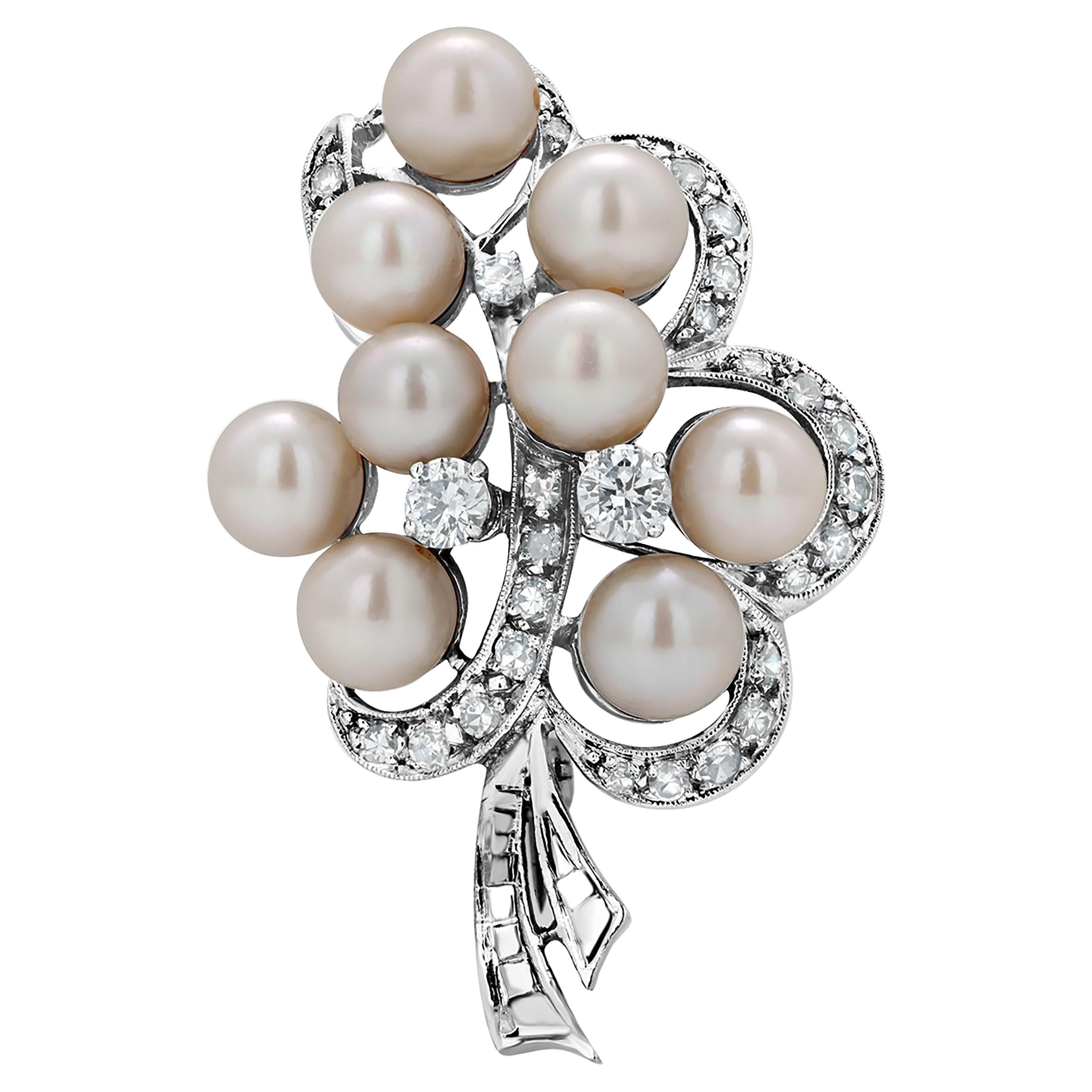 Vintage Art Deco White Gold Brooch Cultured Pearls and Diamonds