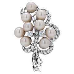 Vintage Art Deco White Gold Brooch Cultured Pearls and Diamonds