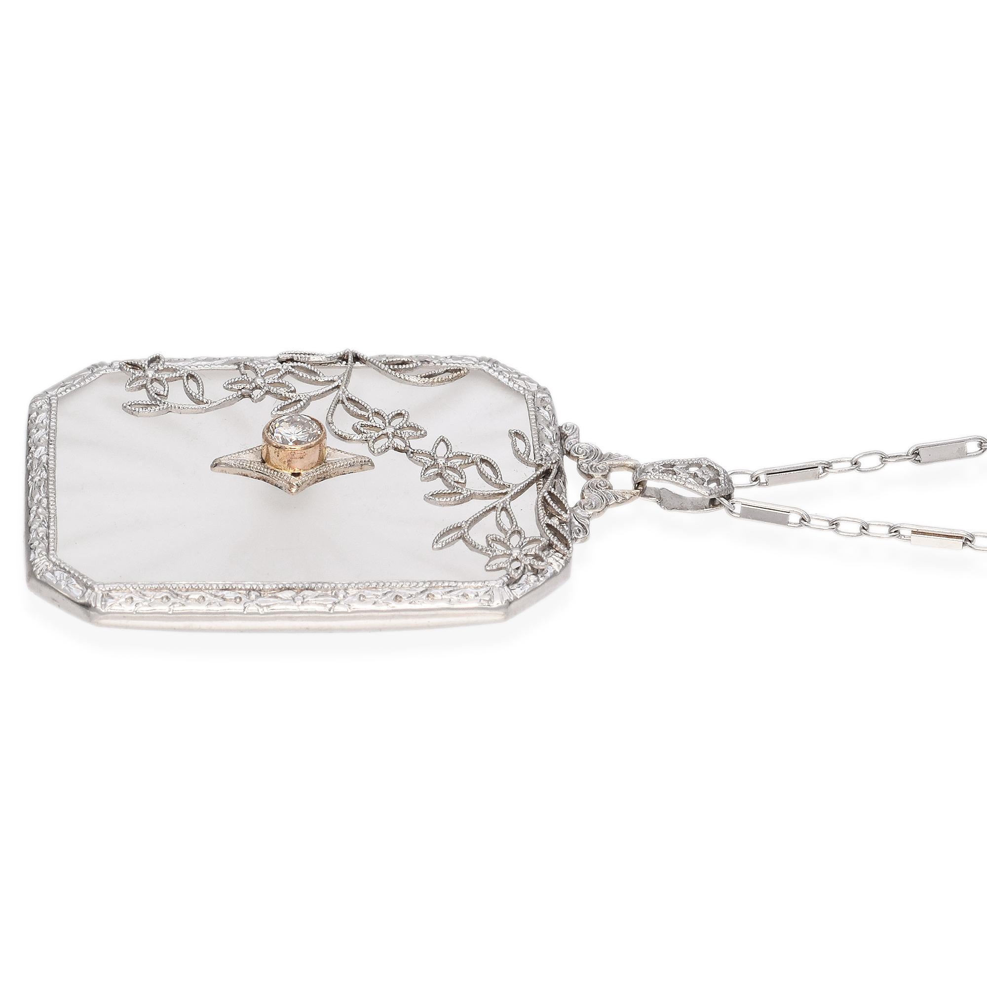 Round Cut Vintage Art Deco White Gold Diamond Floral Motif Camphor Glass Pendant Necklace