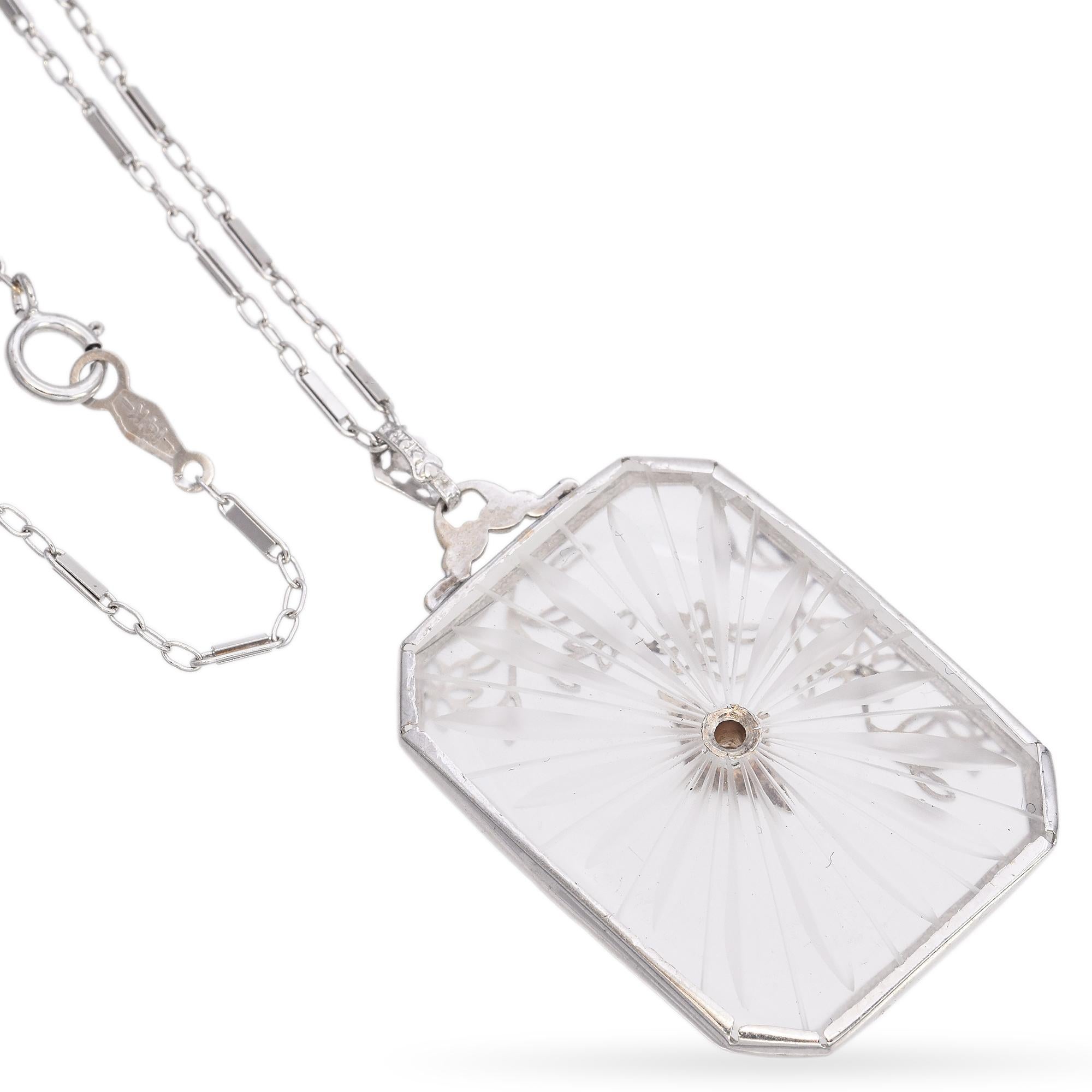 Vintage Art Deco White Gold Diamond Floral Motif Camphor Glass Pendant Necklace In Good Condition In New York, NY
