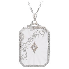 Vintage Art Deco White Gold Diamond Floral Motif Camphor Glass Pendant Necklace
