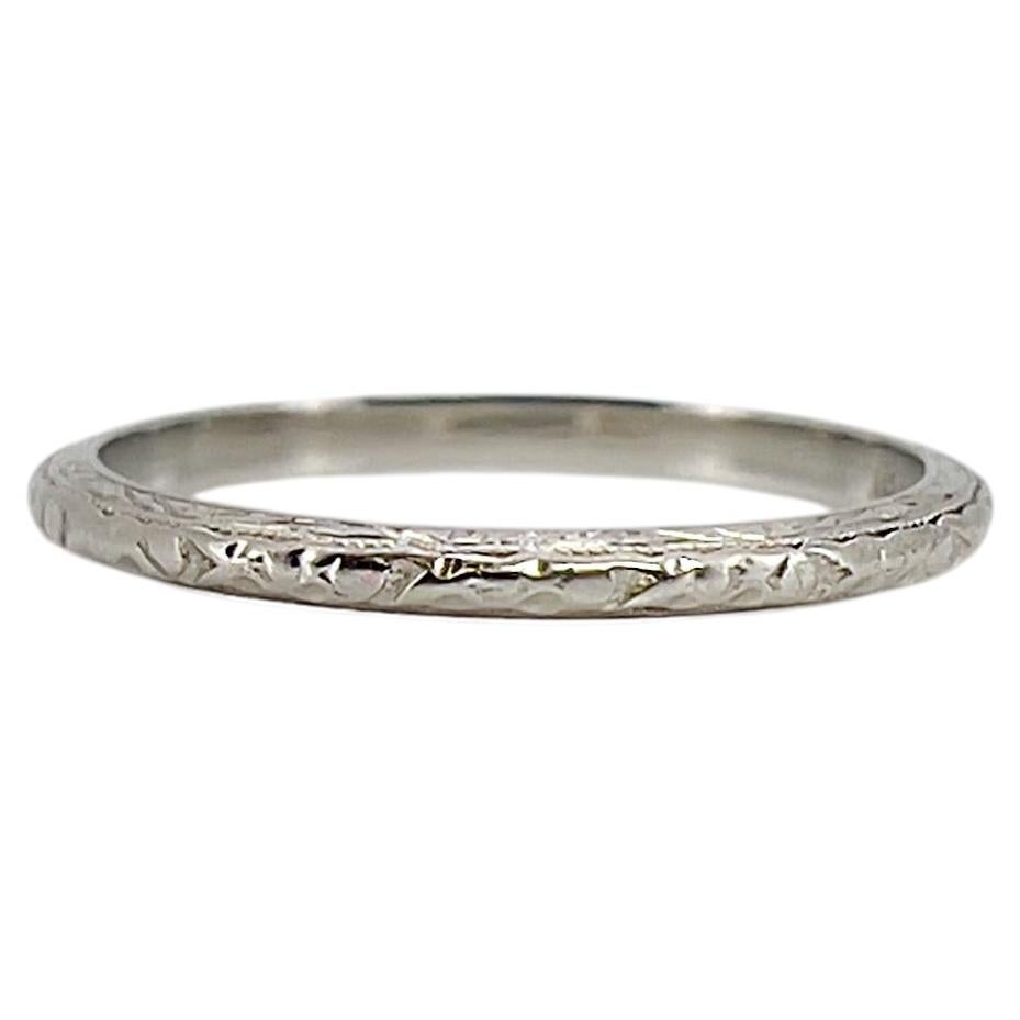 Vintage Art Deco White Gold Engraved Band, Size 6.25