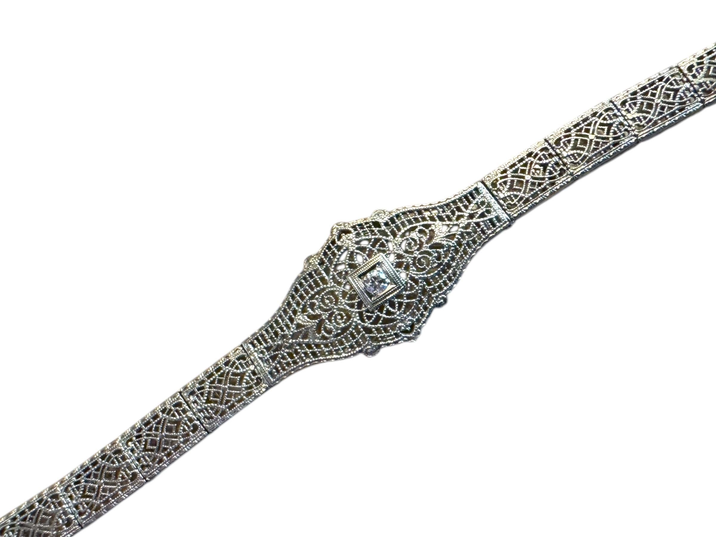 Vintage Art Deco White Gold Filigree Diamond Bracelet For Sale 1