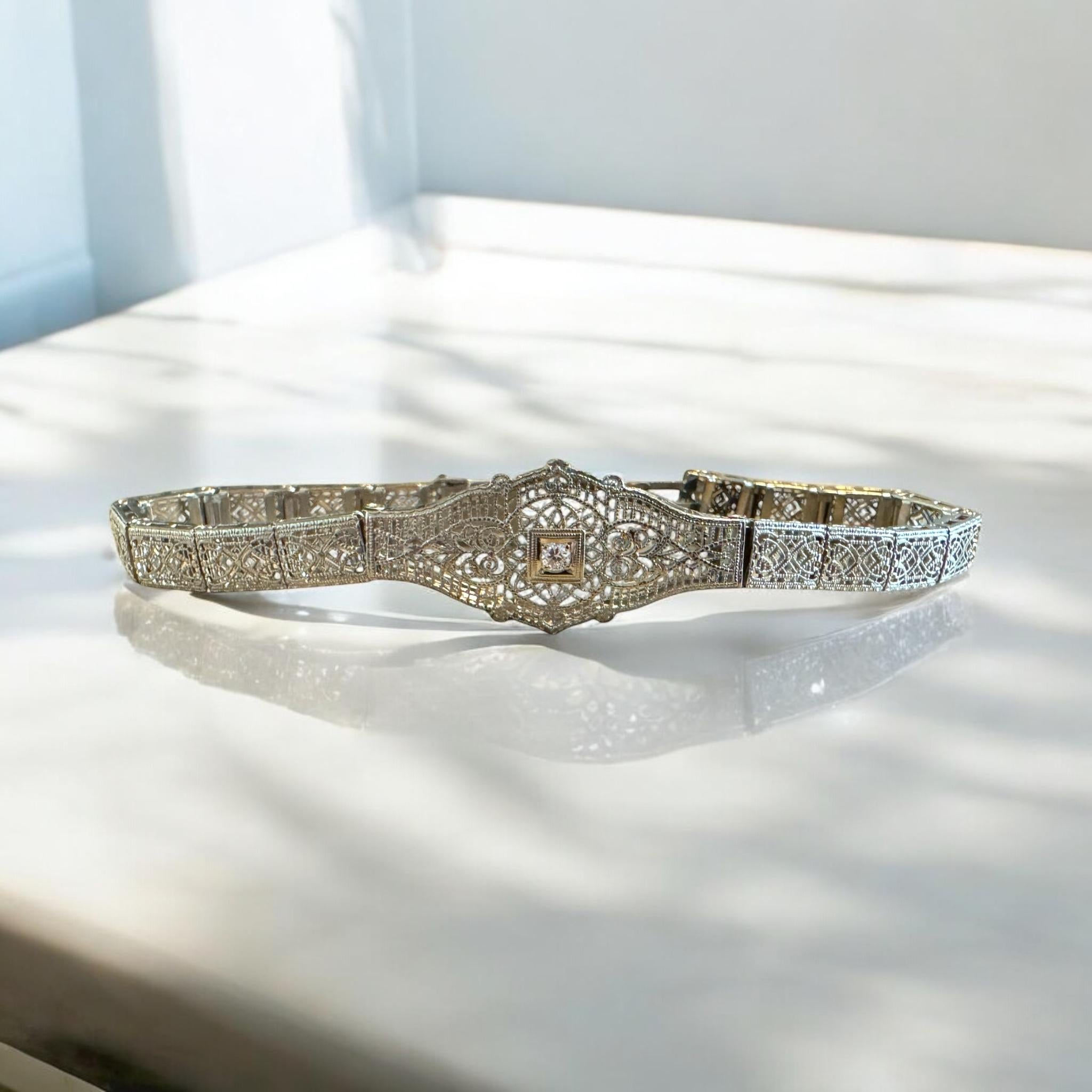 Vintage Art Deco White Gold Filigree Diamond Bracelet For Sale 4