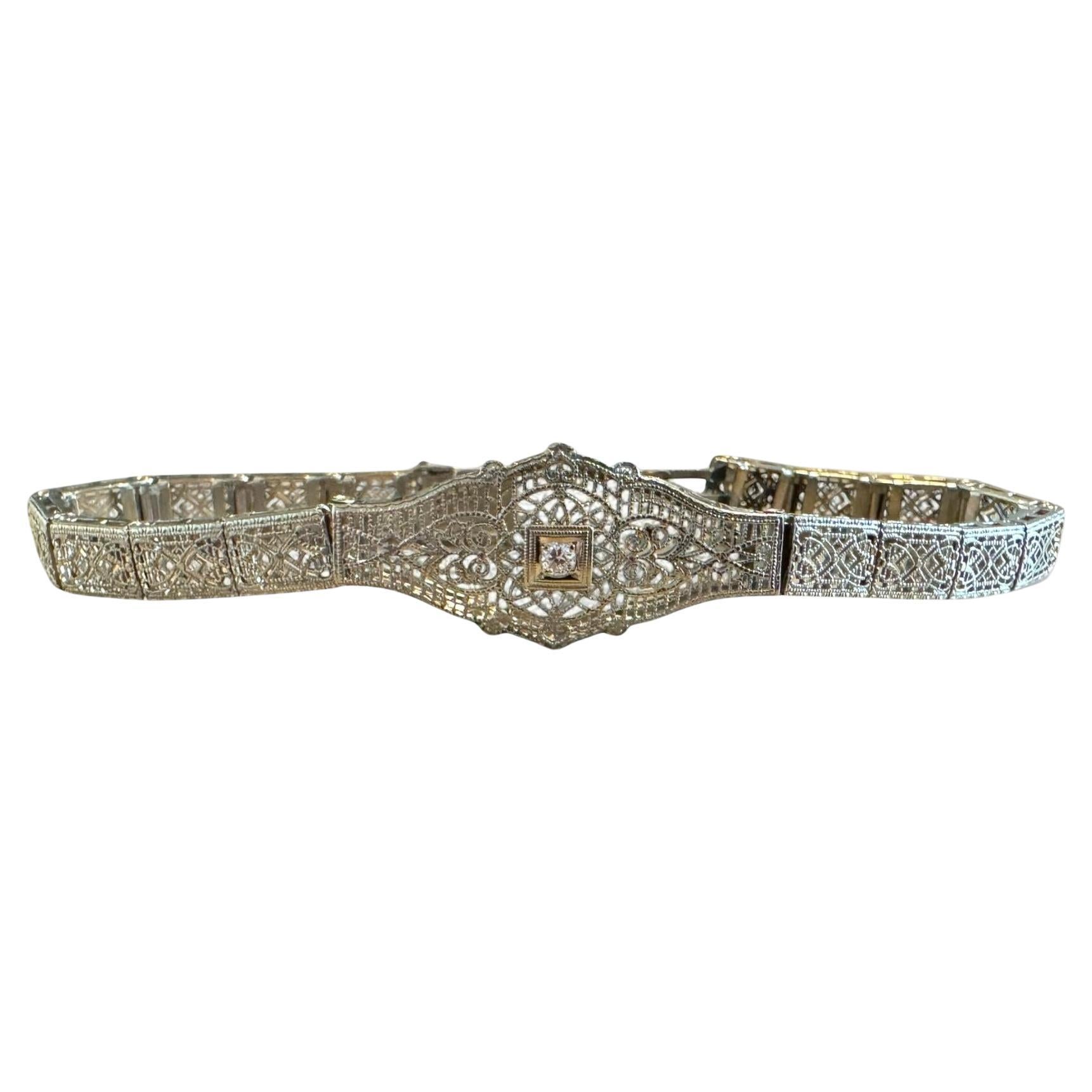Vintage Art Deco White Gold Filigree Diamond Bracelet