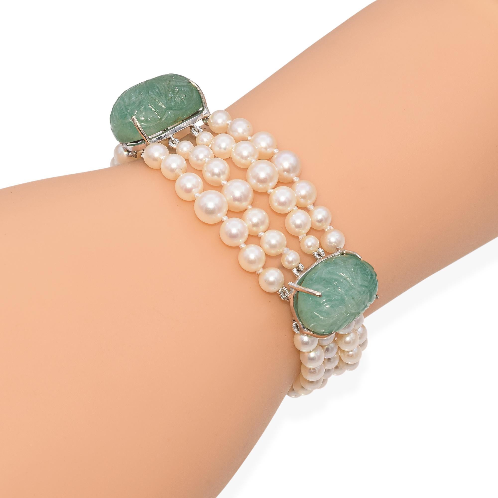 Women's Vintage Art Deco White Gold Triple Strand Graduated Pearl Carved Jade Bracelet