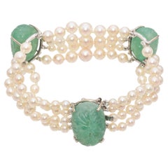 Vintage Art Deco White Gold Triple Strand Graduated Pearl Carved Jade Bracelet