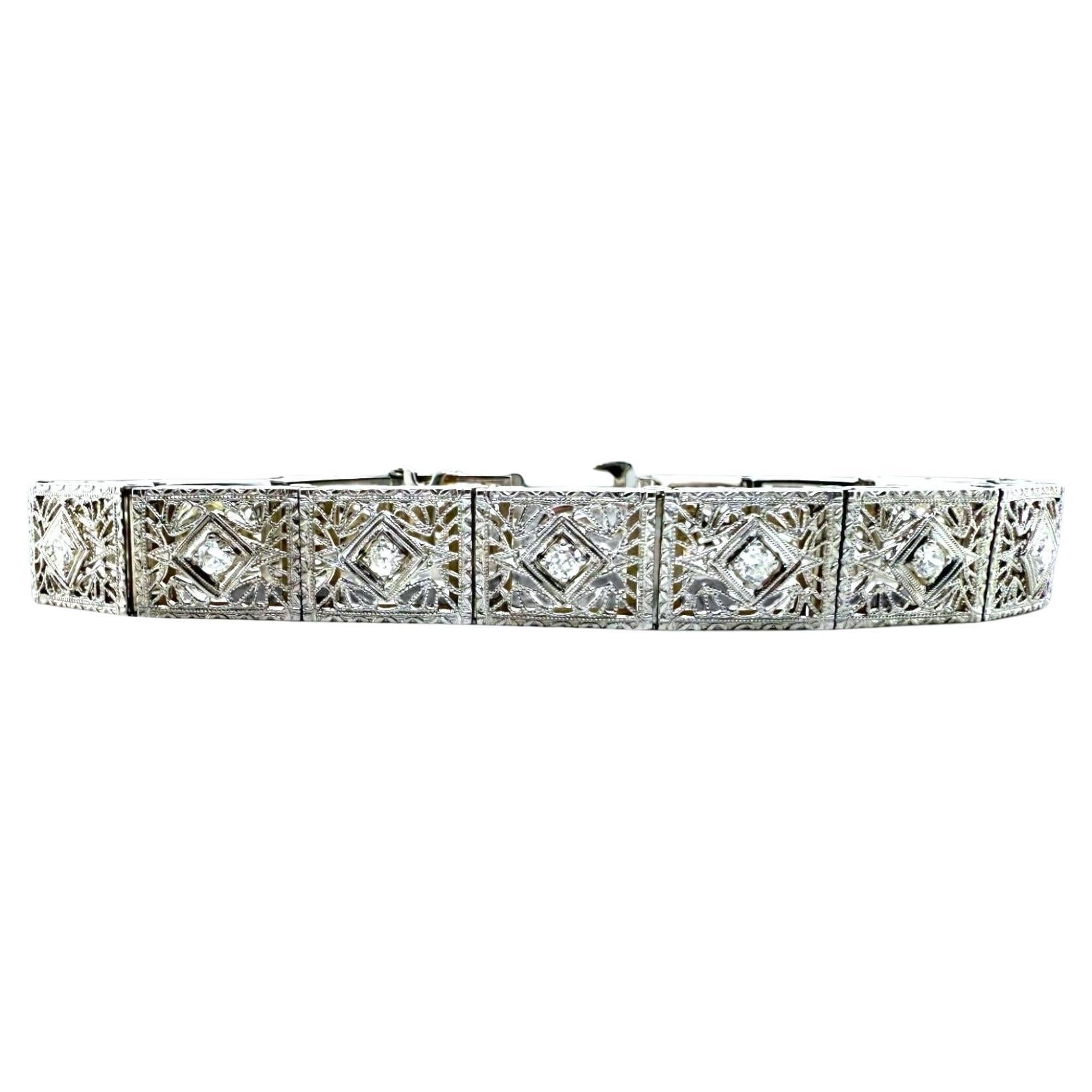 Vintage Art Deco Wide Diamond Filigree Bracelet 1.2 Carats