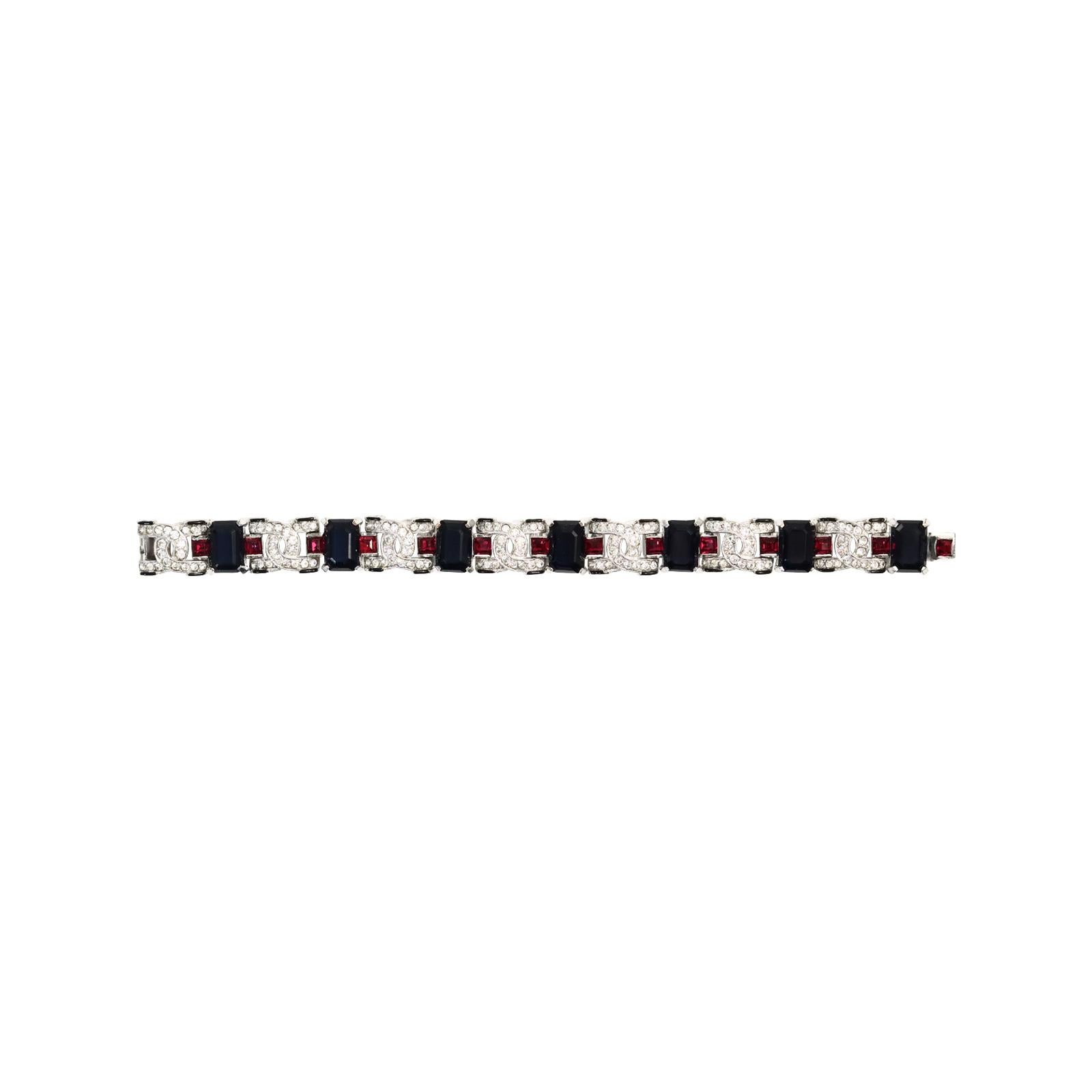 Women's or Men's Vintage Art Deco with Red and Black Diamante Bracelet, circa 1960s For Sale