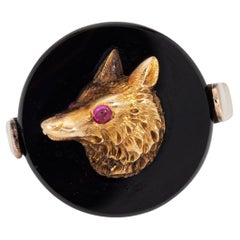 Vintage Art Deco Wolf Ring Sz 5.75 14k Yellow Gold Onyx Estate Animal Jewelry