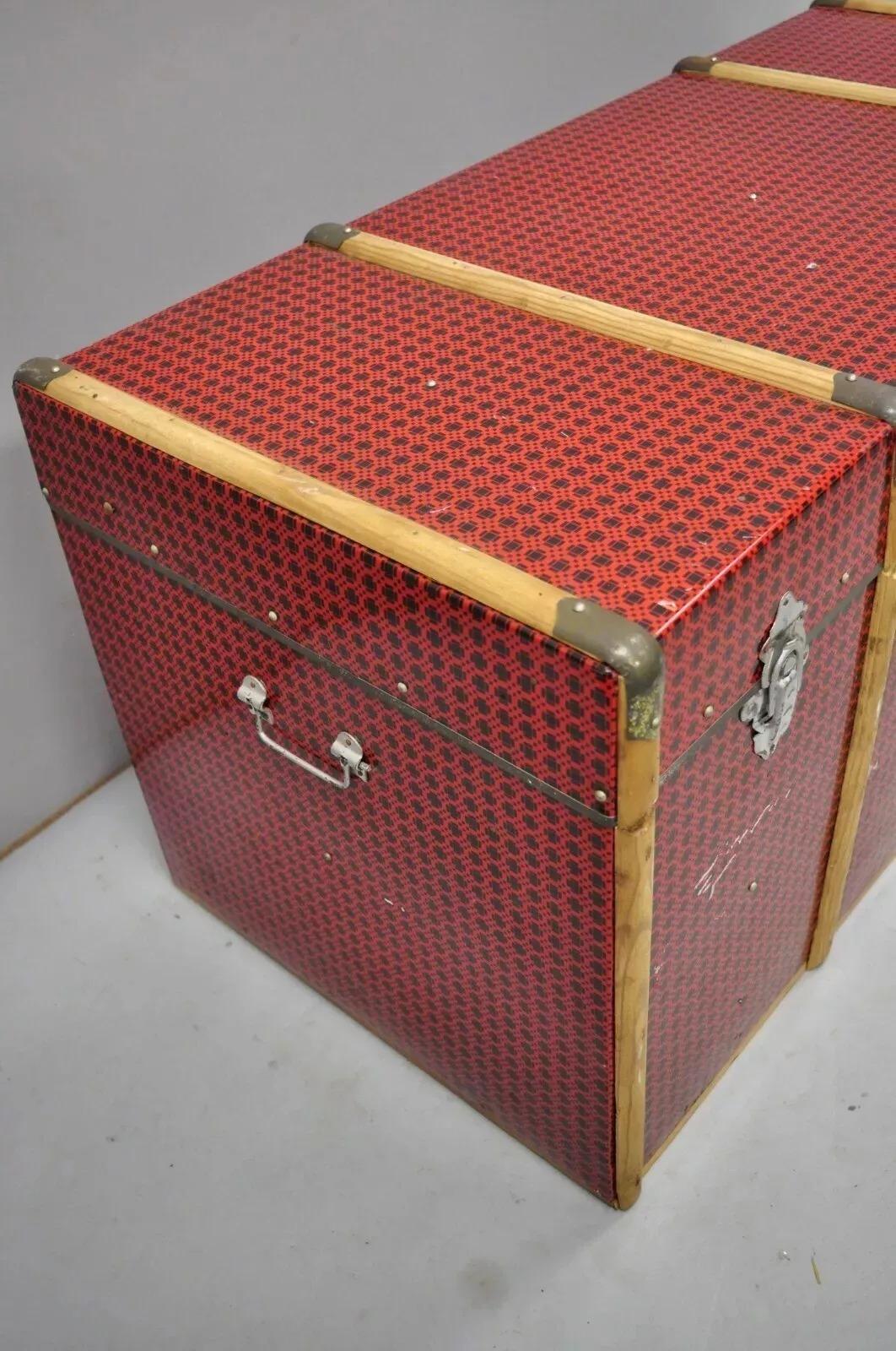 Vintage Art Deco Wood and Tin Metal Wrapped Red Faux Cane Wicker Chest Trunk Box For Sale 7