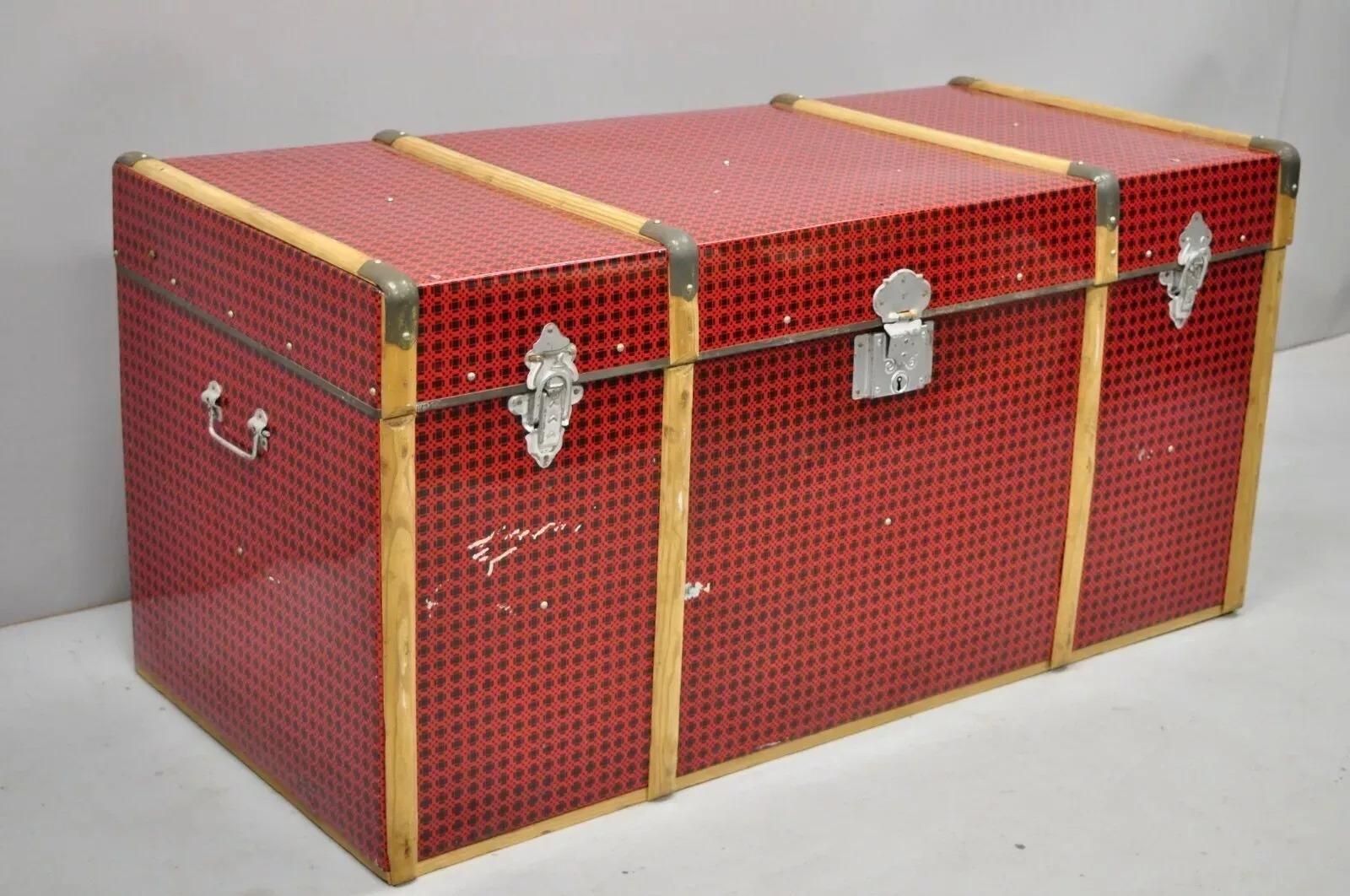 Vintage Art Deco Wood and Tin Metal Wrapped Red Faux Cane Wicker Chest Trunk Box. Item features red 