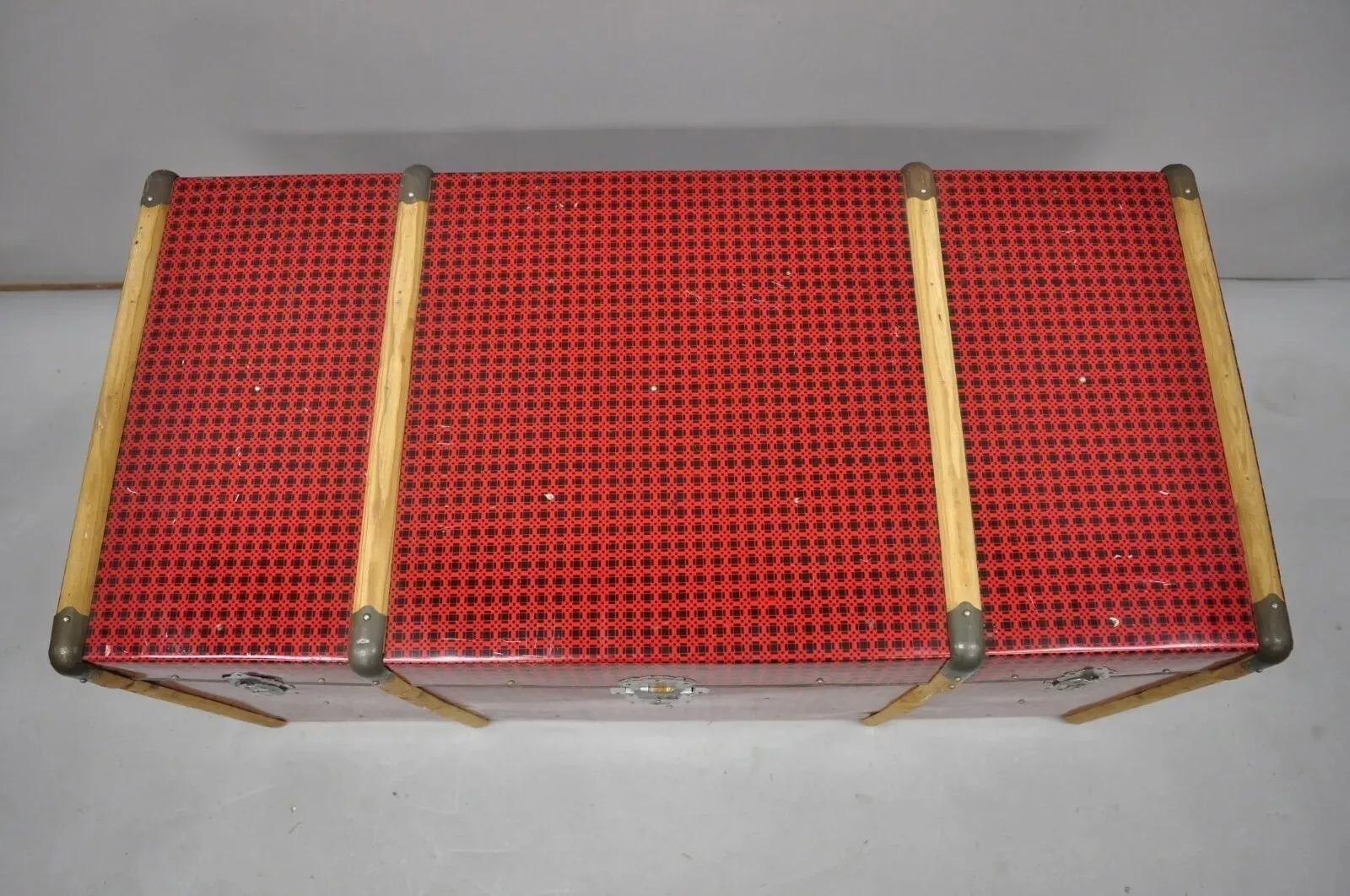 Unknown Vintage Art Deco Wood and Tin Metal Wrapped Red Faux Cane Wicker Chest Trunk Box For Sale