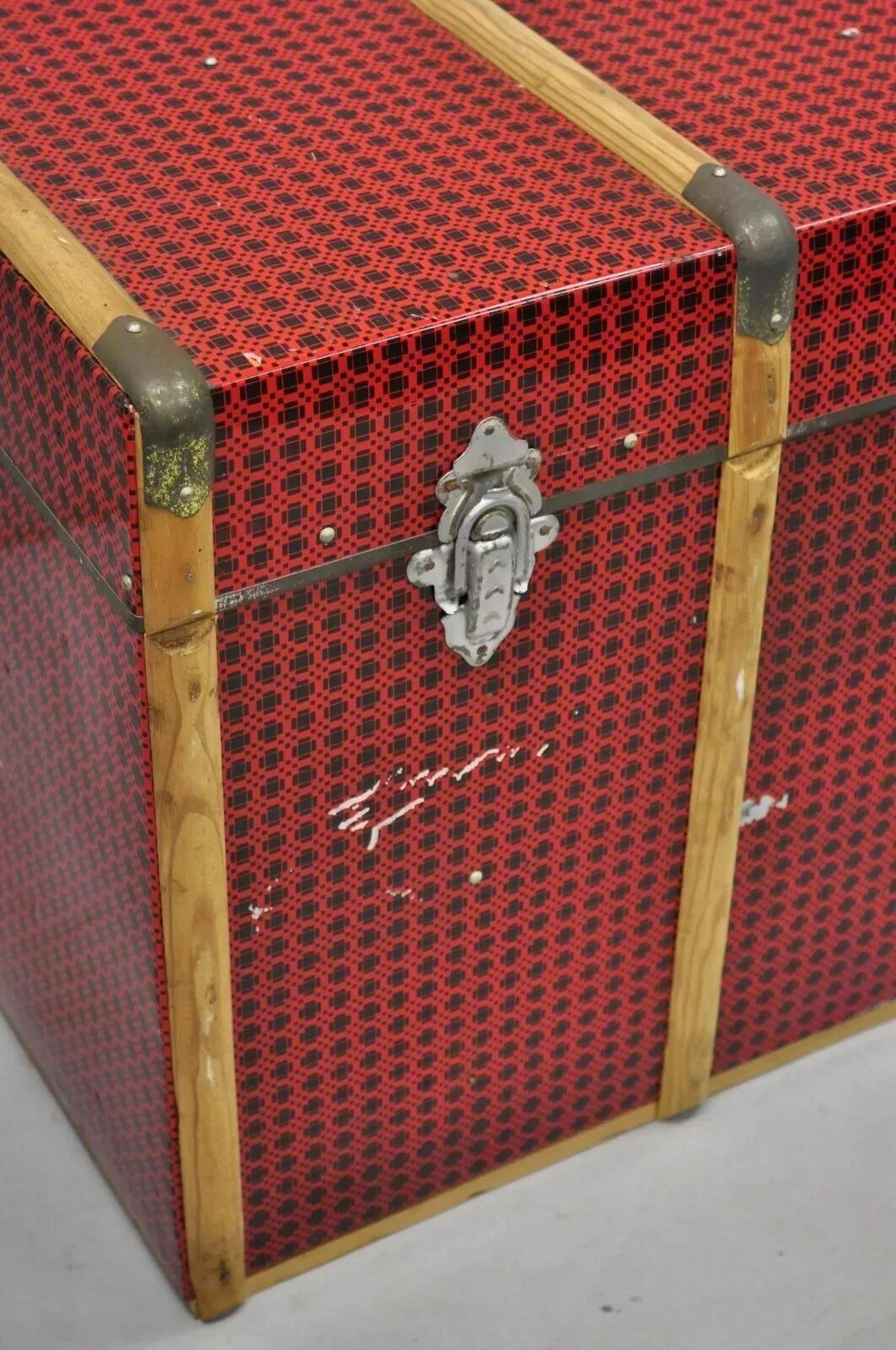 20th Century Vintage Art Deco Wood and Tin Metal Wrapped Red Faux Cane Wicker Chest Trunk Box For Sale