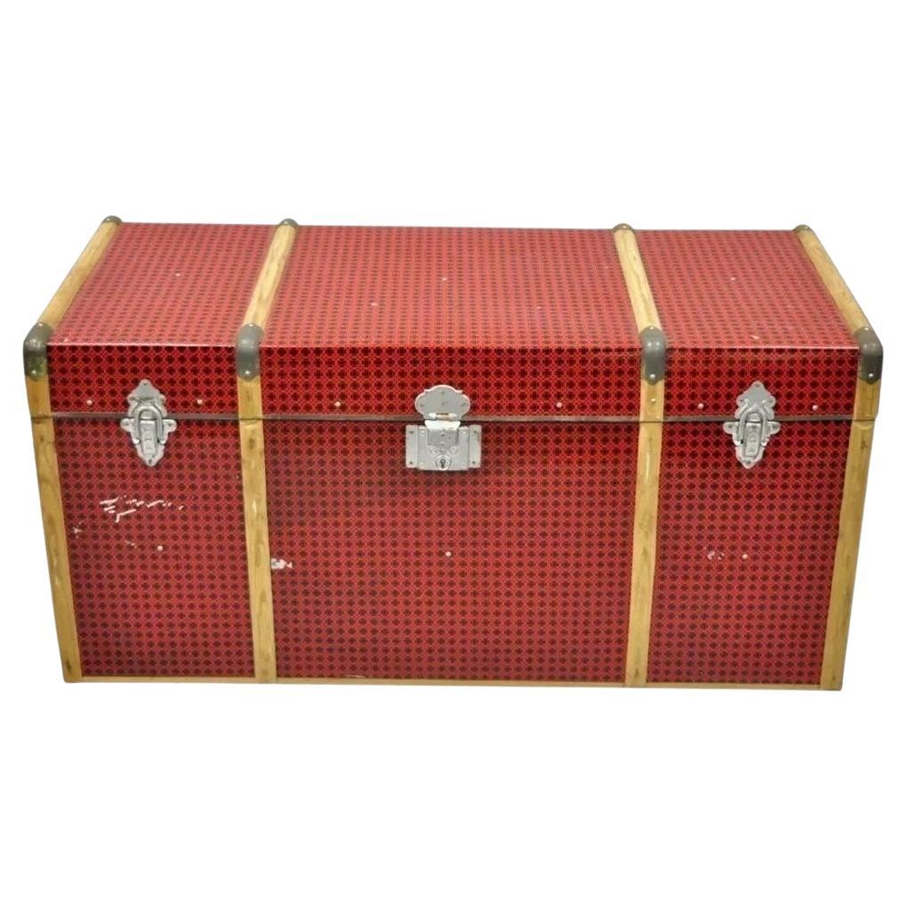 Vintage Art Deco Wood and Tin Metal Wrapped Red Faux Cane Wicker Chest Trunk Box