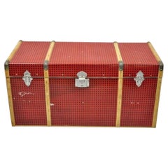 Vintage Art Deco Wood and Tin Metal Wrapped Red Faux Cane Wicker Chest Trunk Box