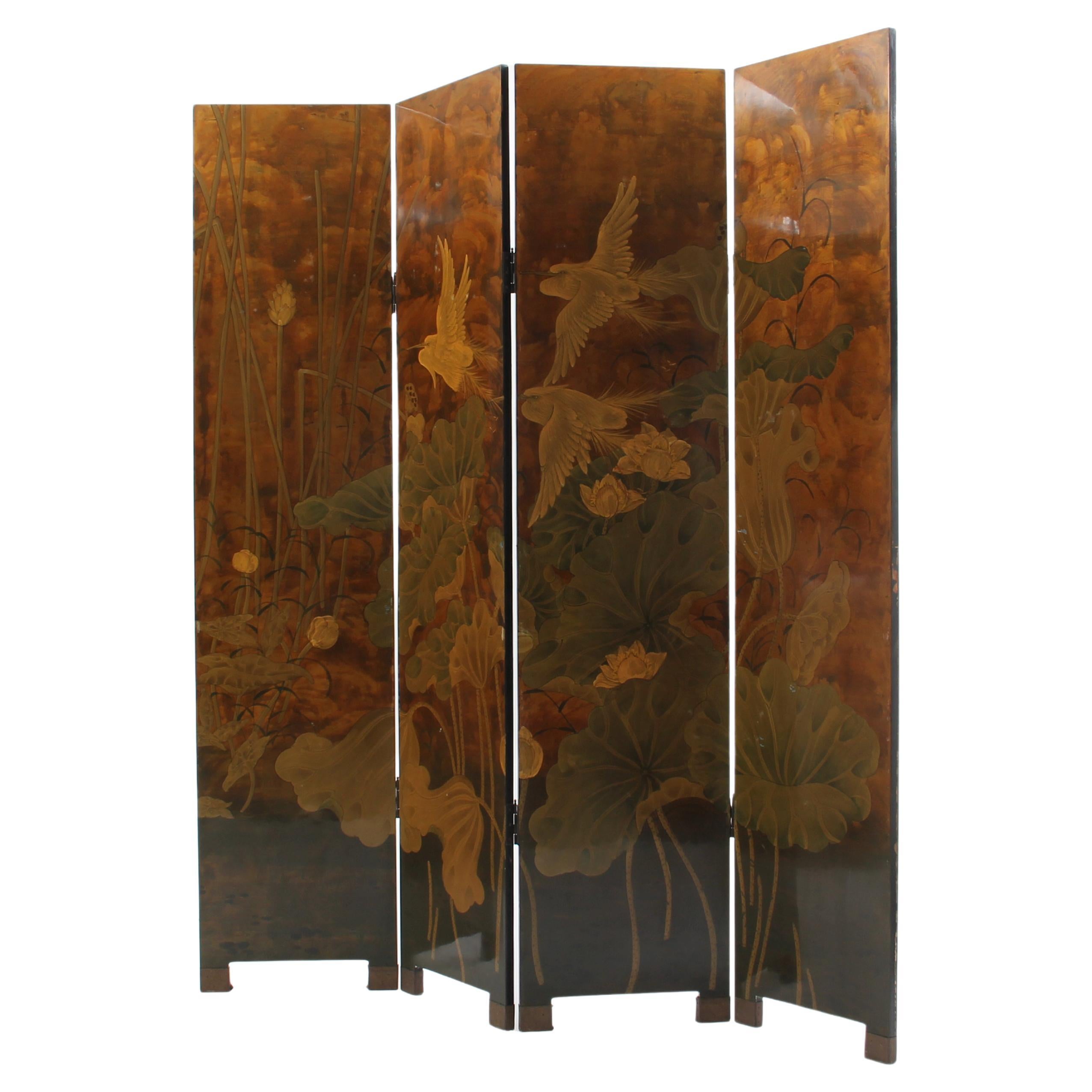1980s, Art Deco Revival, Screen Room Divider, Gold and Black Lacquered