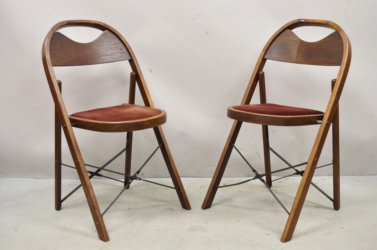 Vintage Art Deco Wooden Theatre Folding Chairs by General Sales Co Set of 6 (A). Item features upholstered seats, metal cross stretcher, bentwood frames, original label, very nice vintage set, (2) sets of 6 currently available, price is per set.