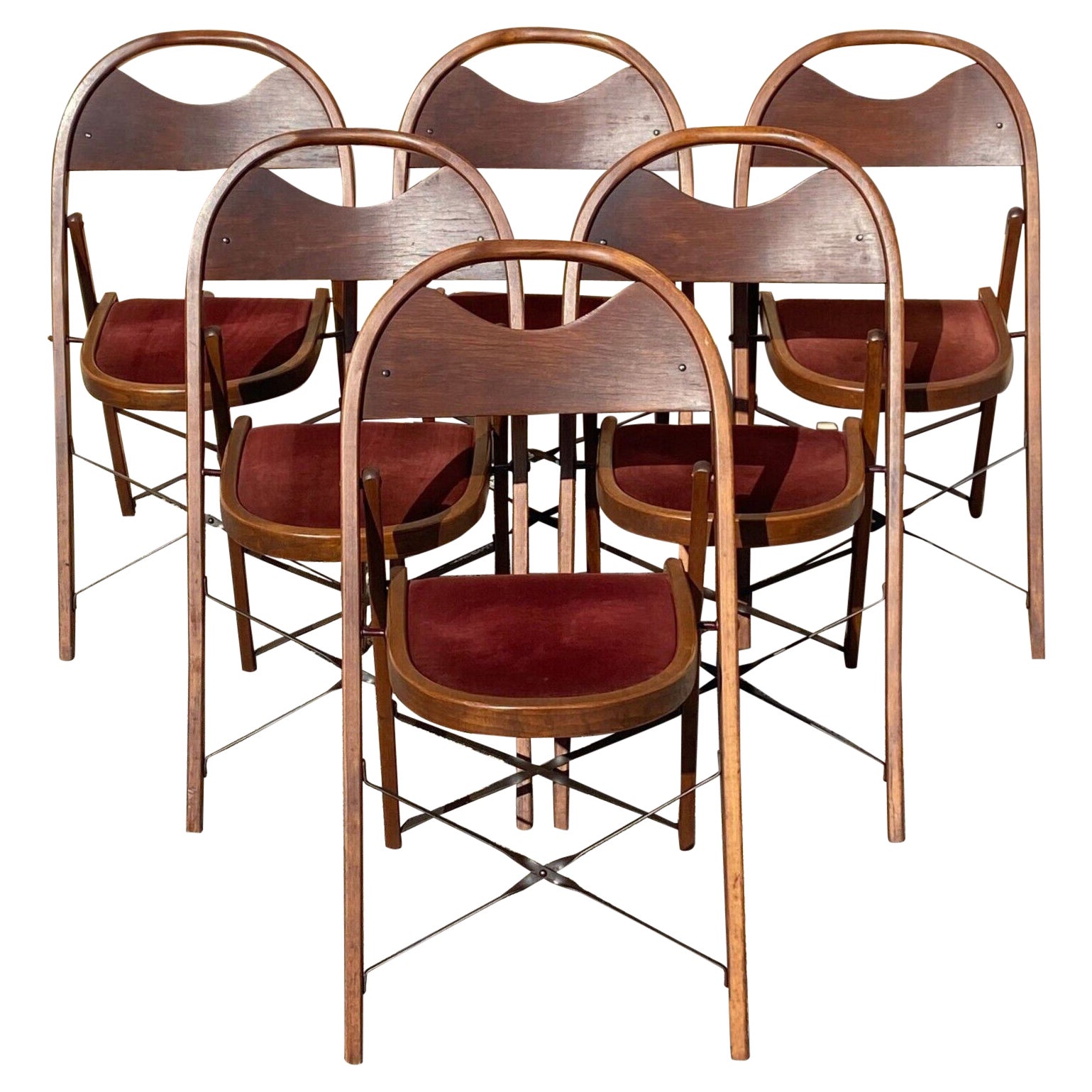 Vintage Art Deco Wooden Theatre Folding Chairs by General Sales Co Set of 6 
B
