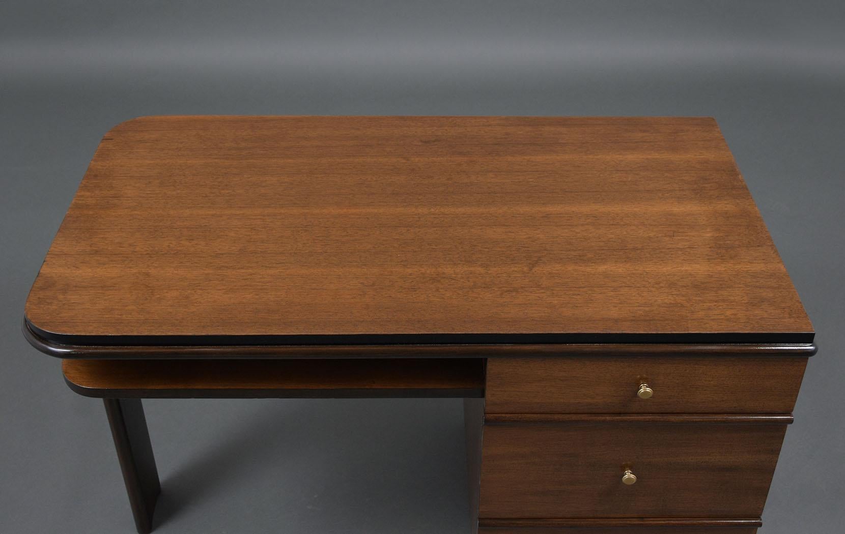 American 1950s Art Deco Pedestal Desk in Walnut & Ebonized Finish with Brass Accents For Sale