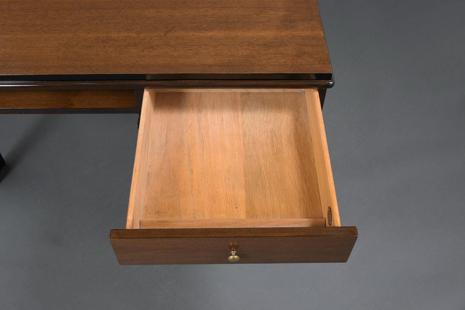 Lacquered 1950s Art Deco Pedestal Desk in Walnut & Ebonized Finish with Brass Accents For Sale