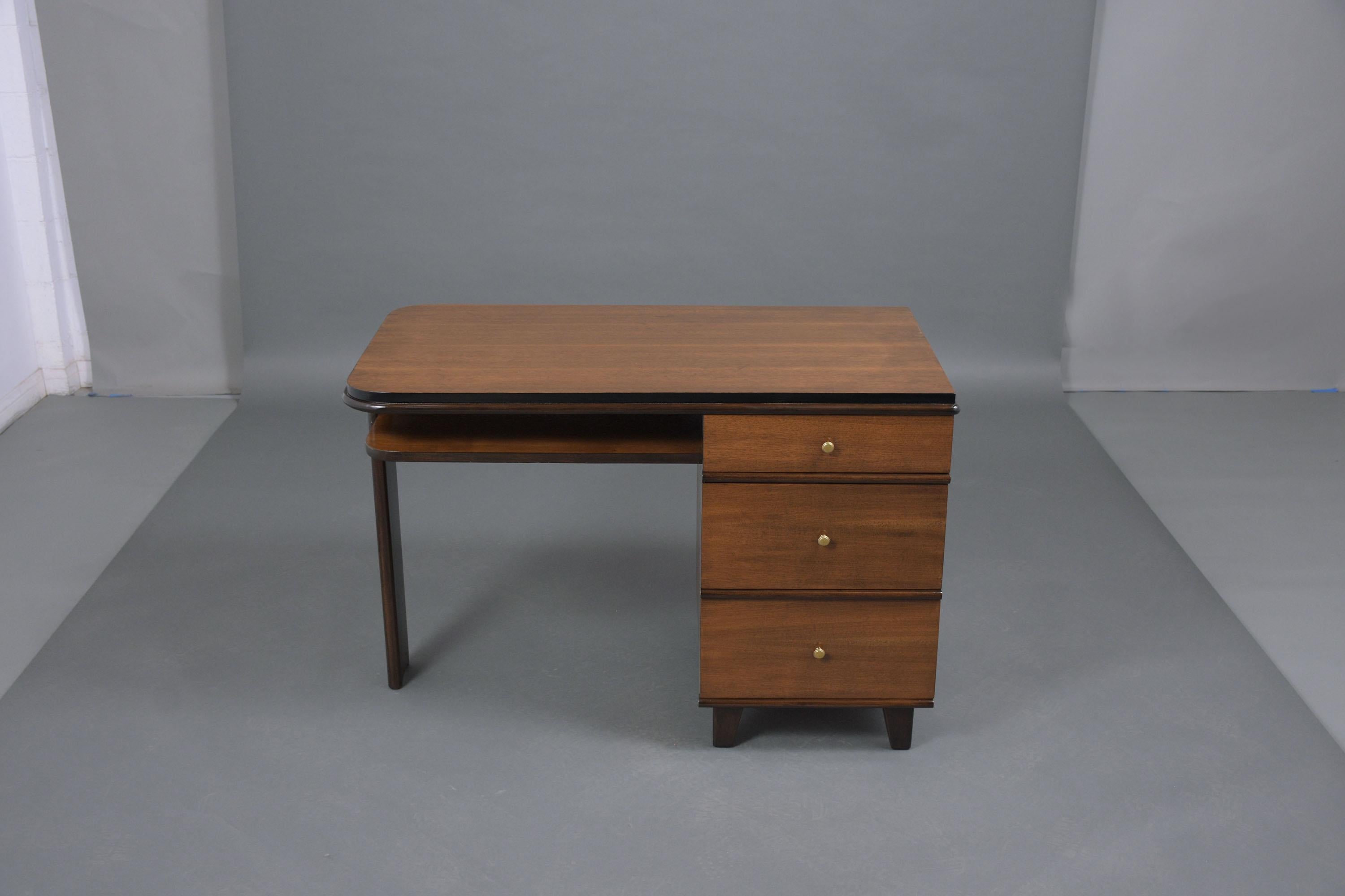 1950s Art Deco Pedestal Desk in Walnut & Ebonized Finish with Brass Accents For Sale