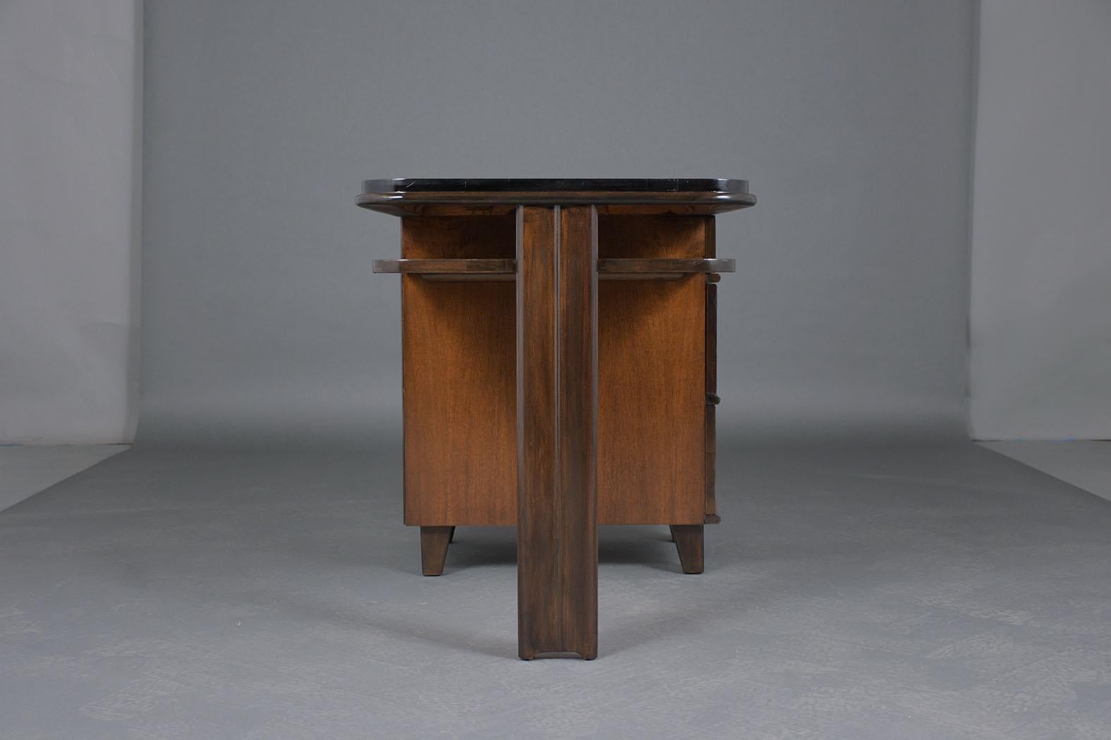 1950s Art Deco Pedestal Desk in Walnut & Ebonized Finish with Brass Accents For Sale 8