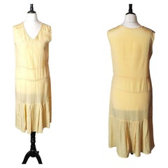 Vintage Art Deco yellow silk sunray day dress, drop waist