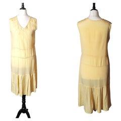 Antique Art Deco yellow silk sunray day dress, drop waist 