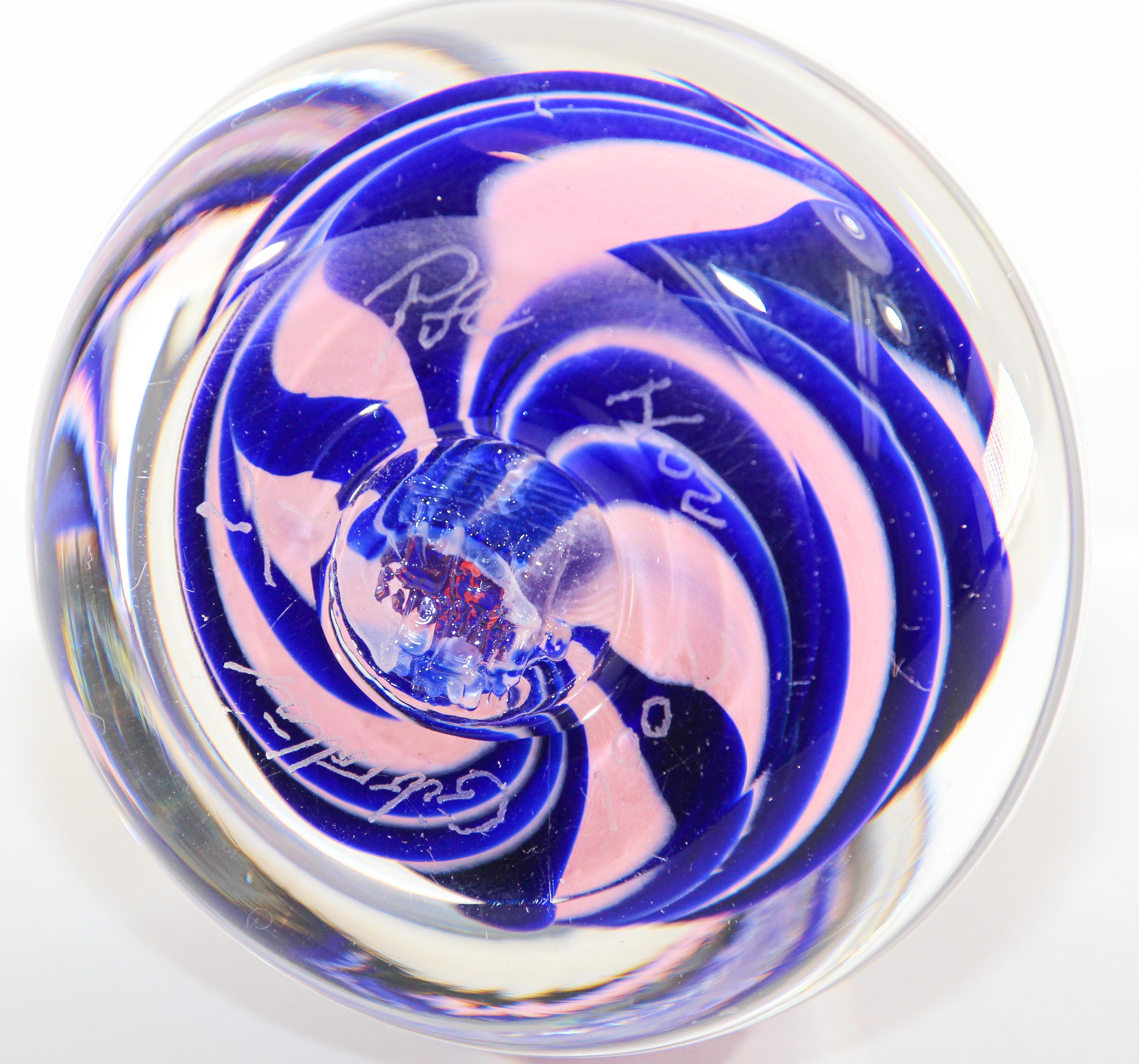 20th Century Art Glass Paperweight Abstract Modern Art Design Blue and Pink For Sale