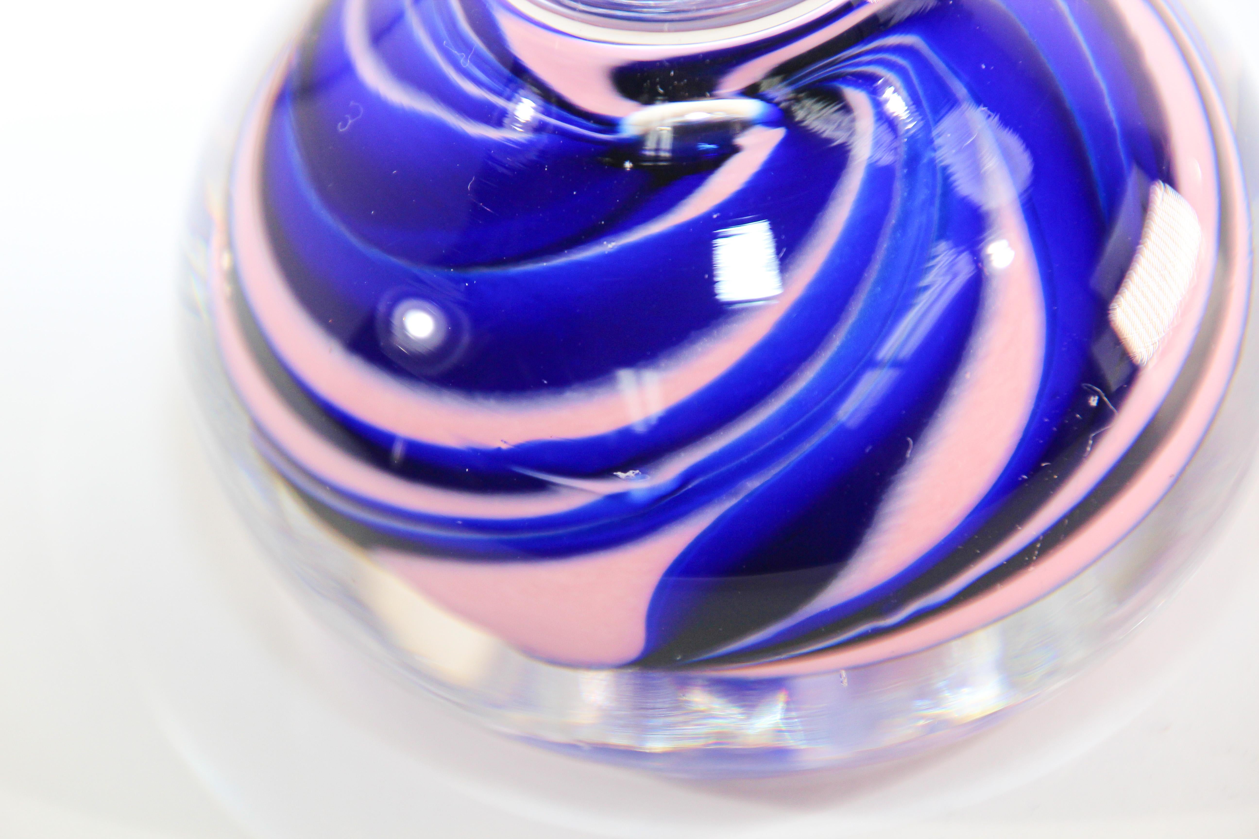 Mid-Century Modern Art Glass Paperweight Abstract Modern Art Design Blue and Pink For Sale
