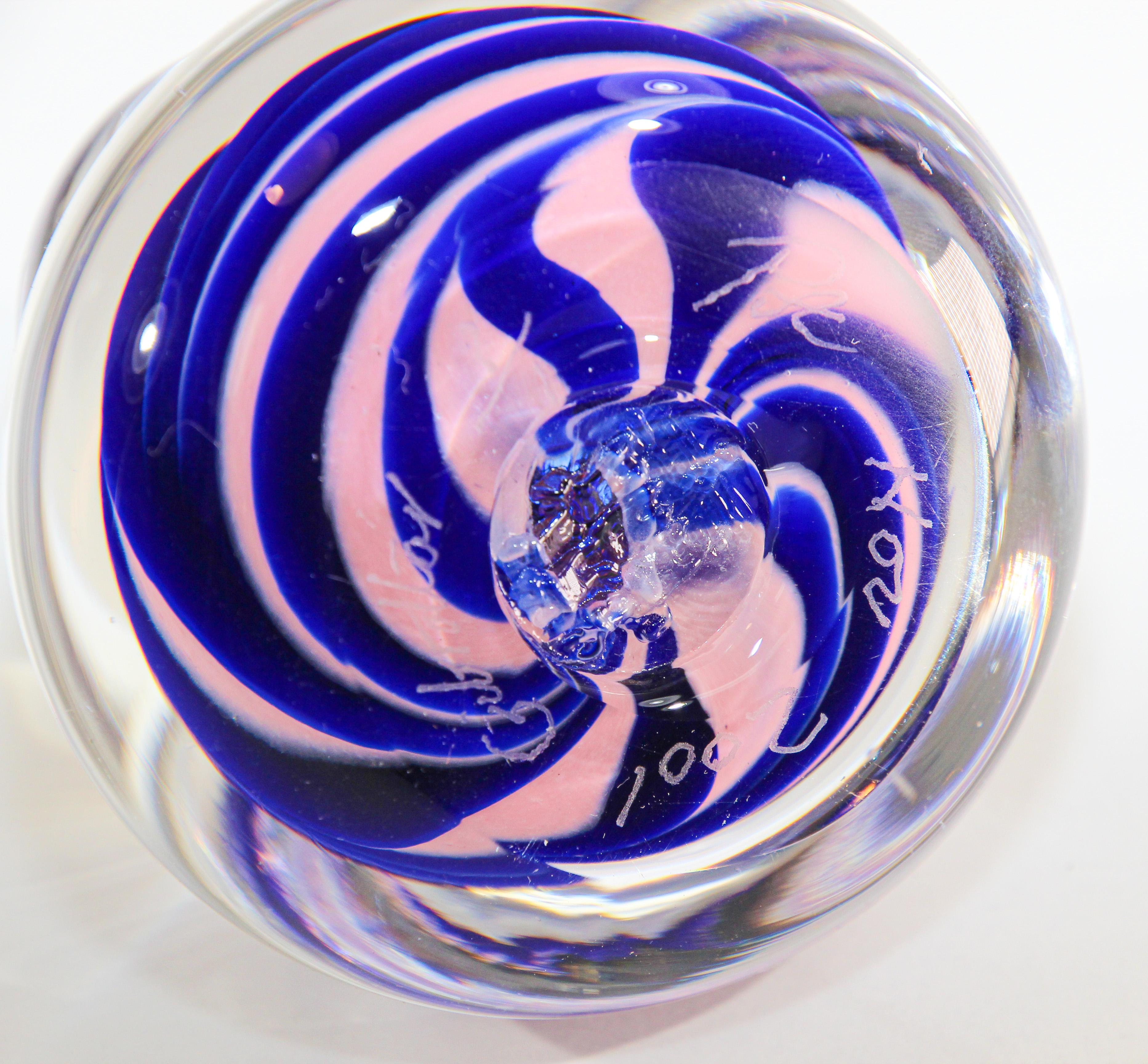 Hand-Crafted Art Glass Paperweight Abstract Modern Art Design Blue and Pink For Sale