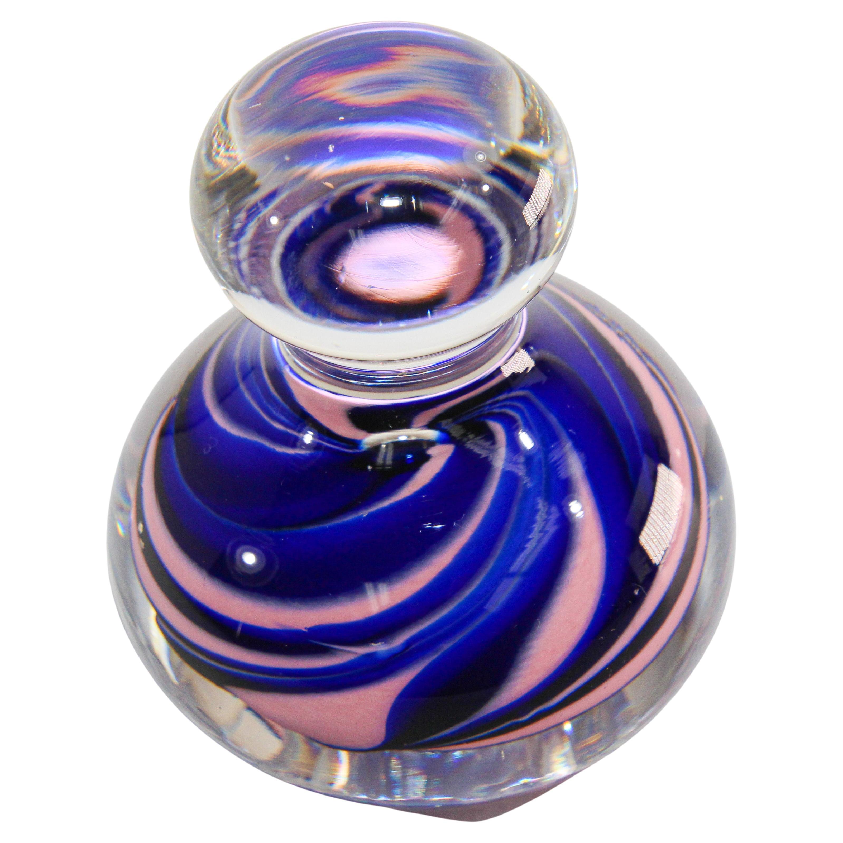 Art Glass Paperweight Abstract Modern Art Design Blue and Pink