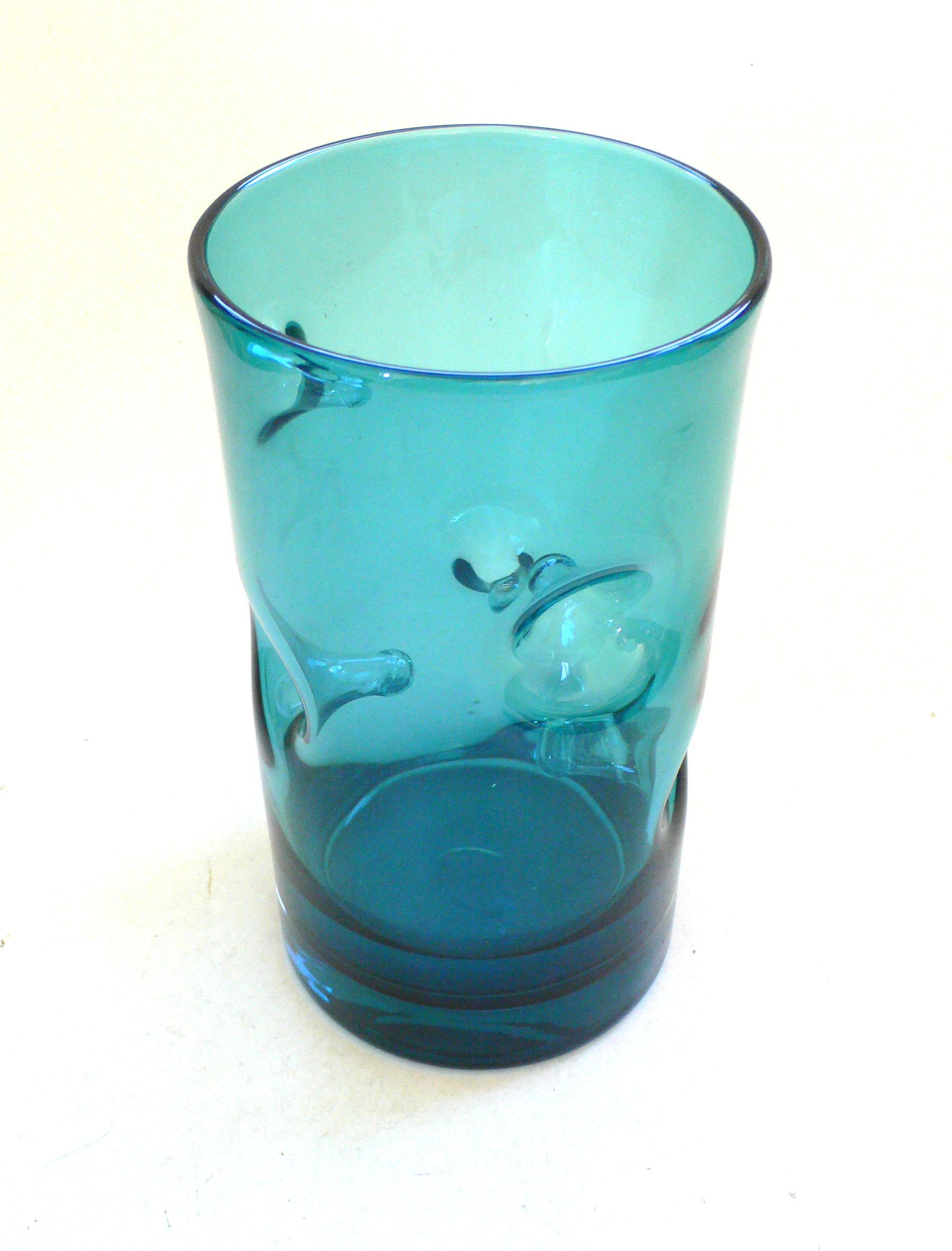 Belgian Vintage Art Glass Blue handblown Pinched Nipple Vase 1960's Belgium For Sale