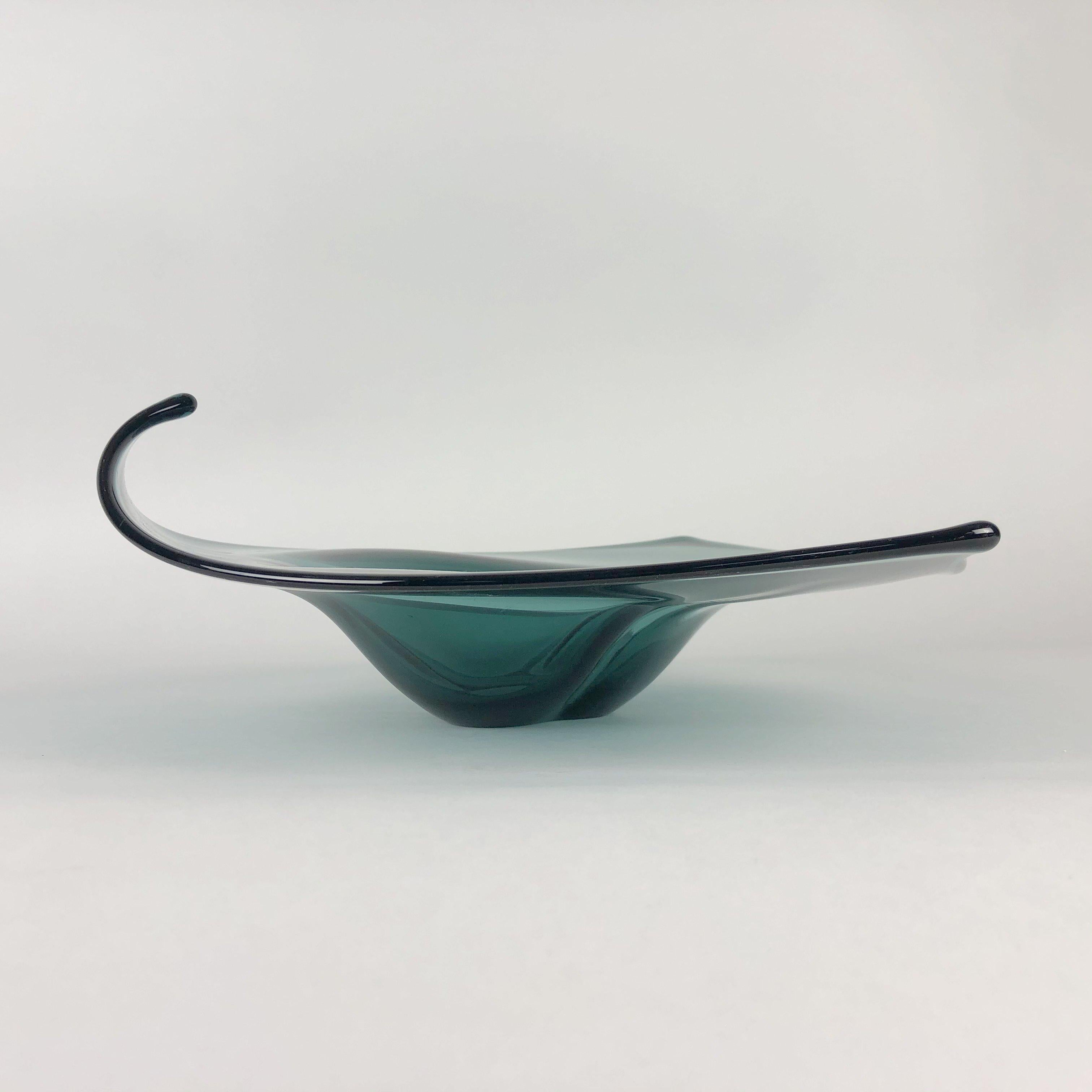 Hard to find Bohemian art glass bowl in a shape of a triangle from former Czechoslovakia will uplift any interior.
The bowl is 6 cm (2.36 inch) high at the lowest point, 12 cm (4.72 inch) high at the highest point and 37 cm (14.5 inch) wide at the