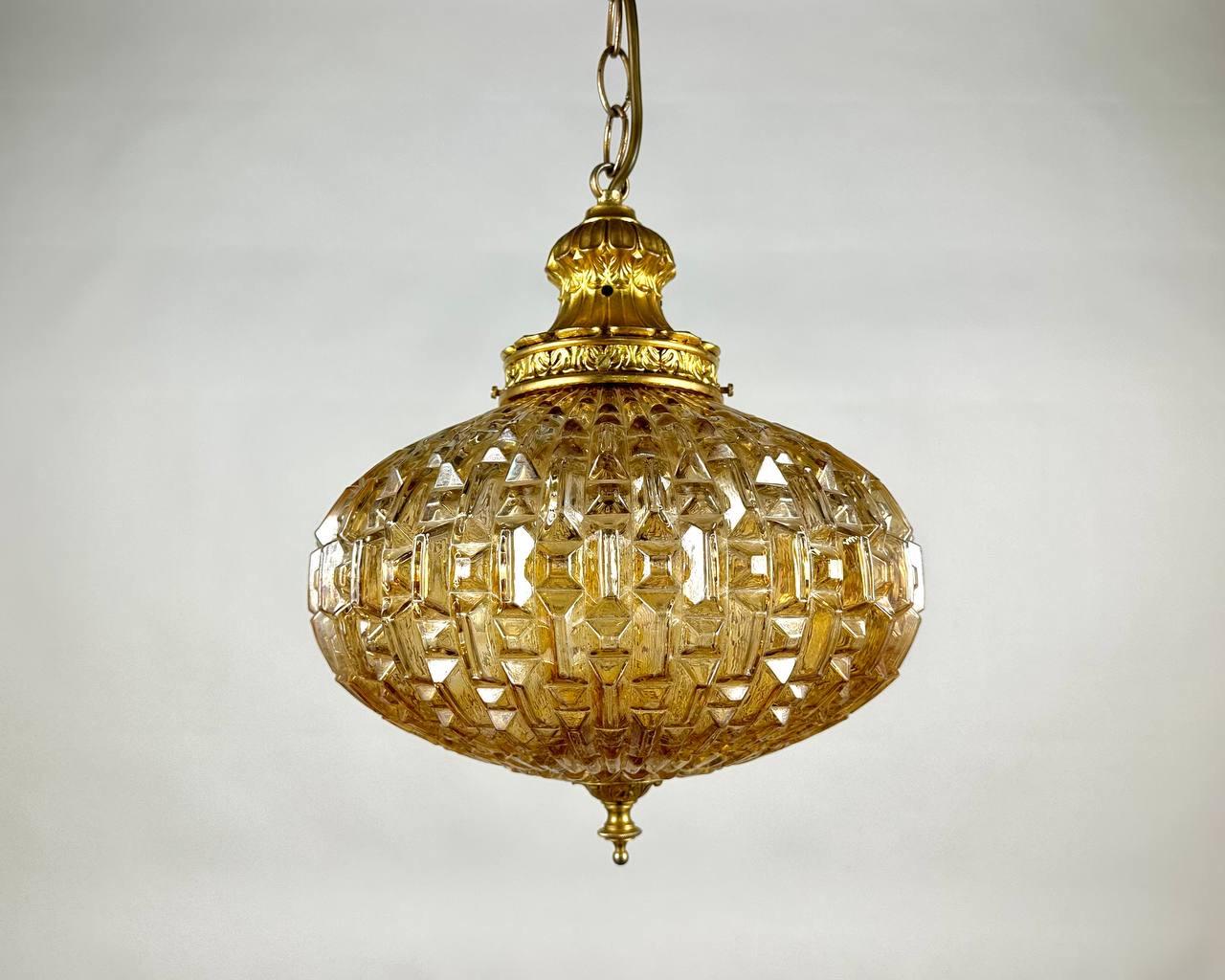 Vintage Gilt Bronze Chandelier-Lantern with art glass dome.

Italy, 1960s.

A striking model from the Italian manufacturer is perfect for installation on the ceiling in the living room, hallway, decorated in a classic style.

Nice addition to every
