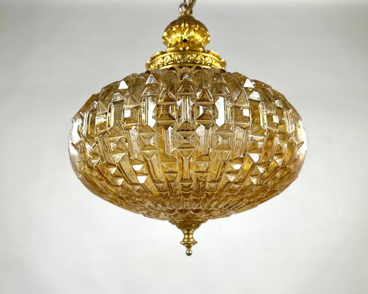 Mid-20th Century Vintage Art Glass & Bronze Chandelier, Italy, 1960s For Sale