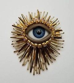 Vintage-Kunstglas-Anhänger mit „Evil Eye“-Motiv aus Kristall in Goldoptik – auffällige Brosche