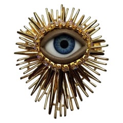 Vintage-Kunstglas-Anhänger mit „Evil Eye“-Motiv aus Kristall in Goldoptik – auffällige Brosche