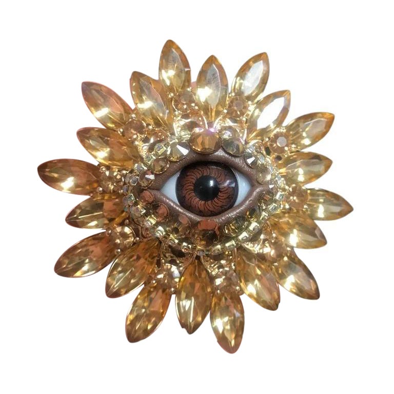 Alfiler broche vintage de vidrio artístico con forma de mal de ojo de marquesa de cristal dorado